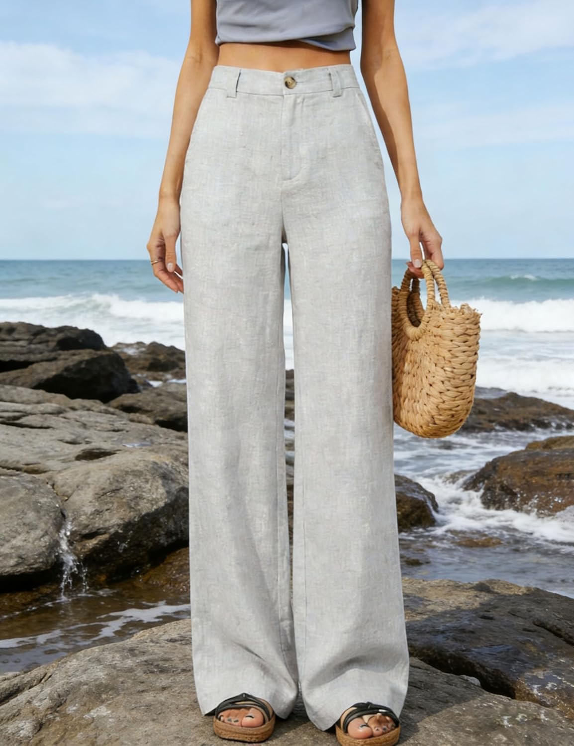 Hooever Womens Casual High Waisted Wide Leg Pants Button Up Straight Leg Trousers - Image 4