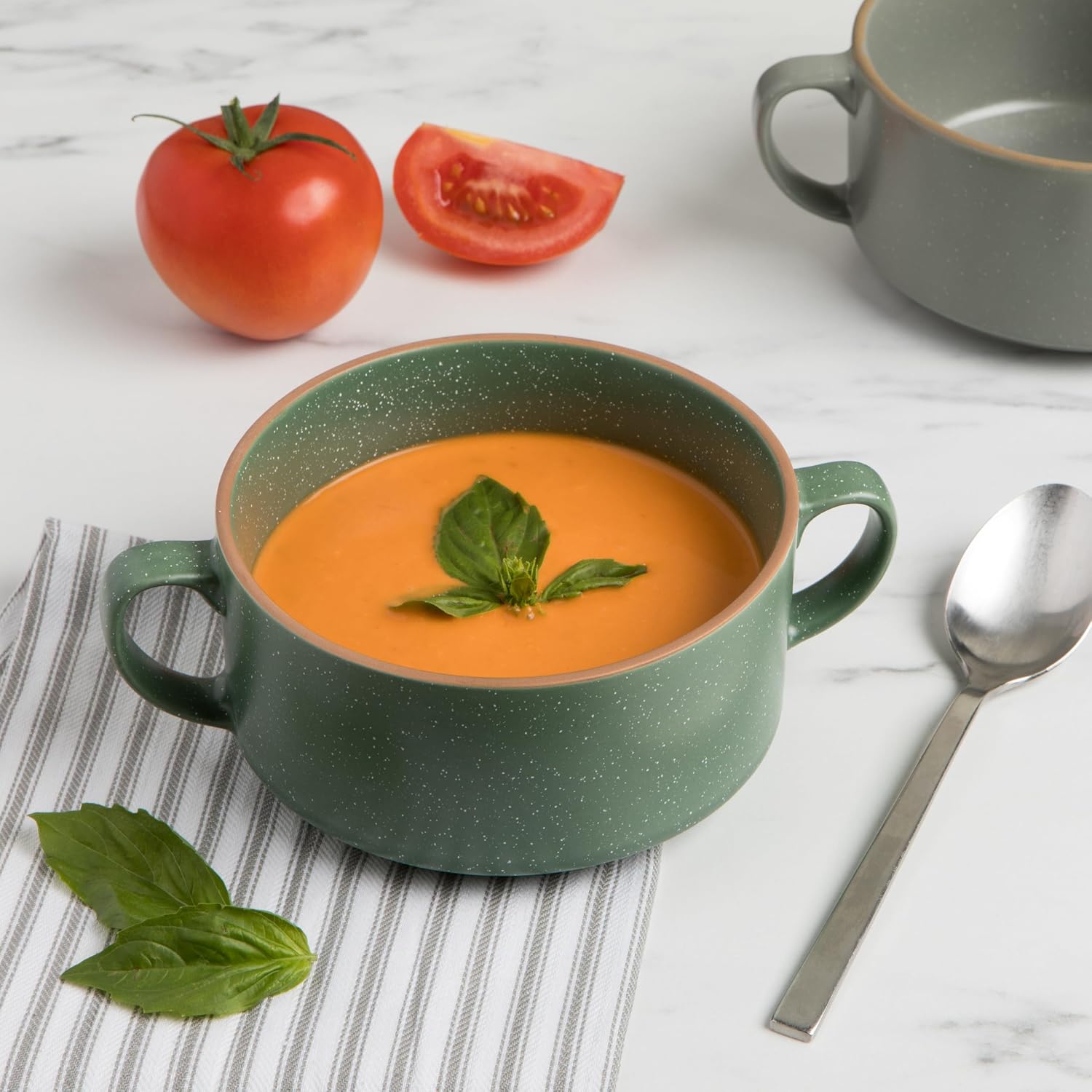 Now Designs Stoneware Soup Bowl with handles, Elm Green