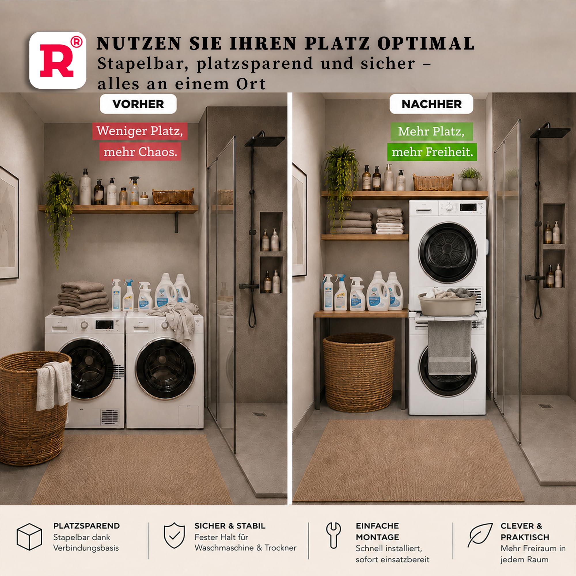ROLLER Kappatos Zwischenbaurahmen mit Wäscheständer, 250 kg Aluminium | 100% Aluminium, Für 60 cm breite Geräte, Fußabstand 53-60 cm, Trockenfläche 2,8 m, 250 kg, Made in EU, Vormontiert