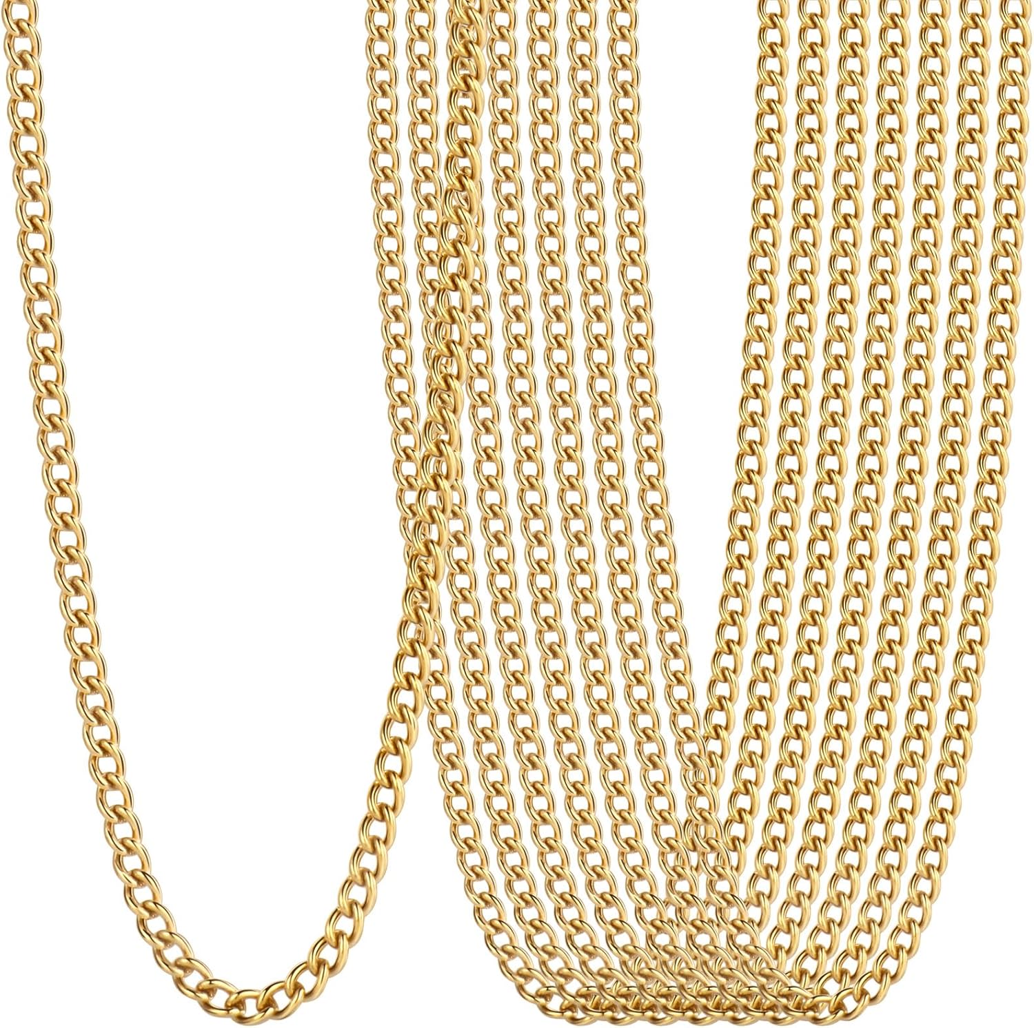 24PCS Gold Curb Necklace Chains for Jewelry Making 2MM 18K Gold PVD Plated Stainless Steel Curb Link Chains Bulk for DIY Necklace