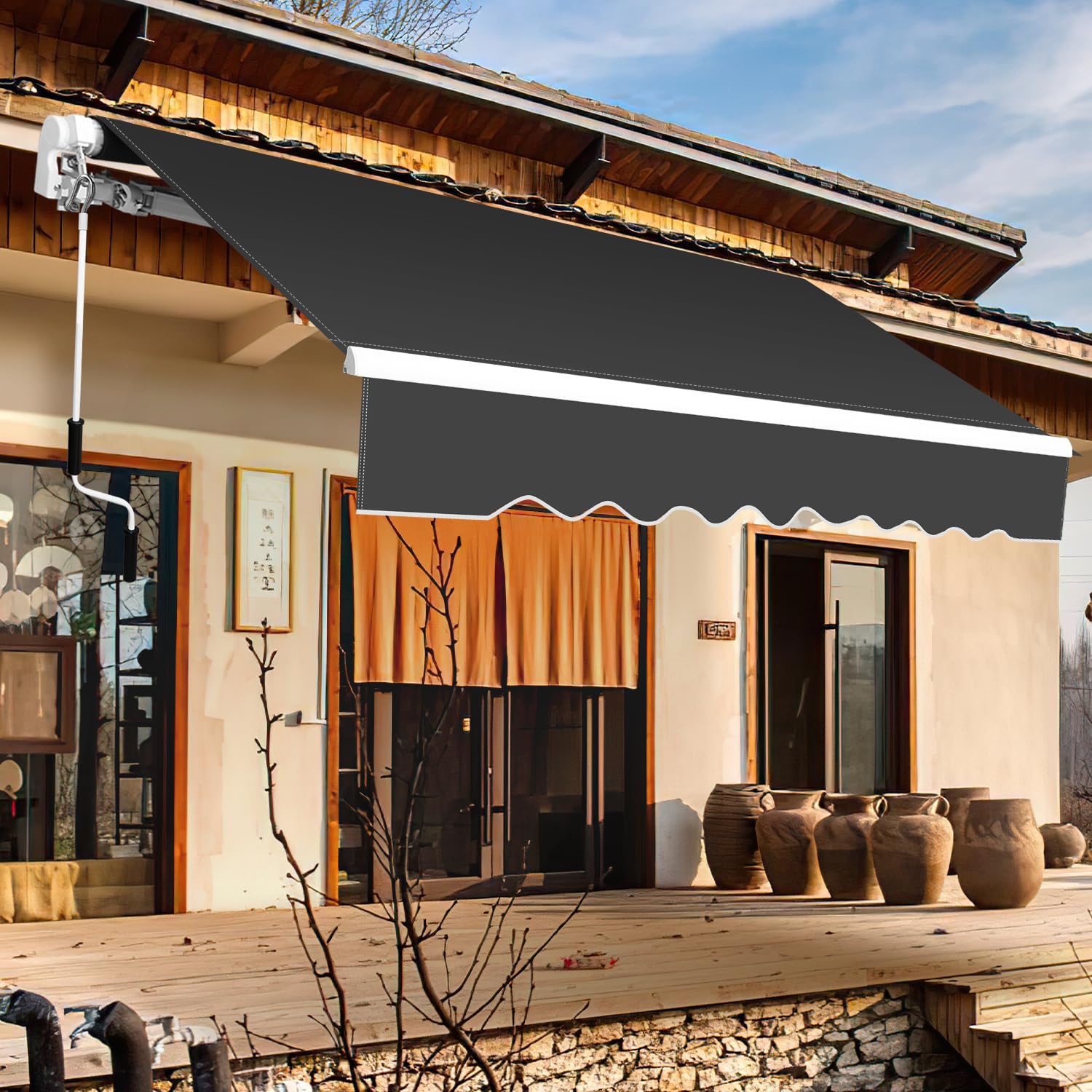 Toldo con brazo articulado, 350 x 300 cm, toldo manual con manivela, ajuste de ángulo de hasta 30 grados, protección solar, protección contra el agua, incluye soporte de pared, color gris