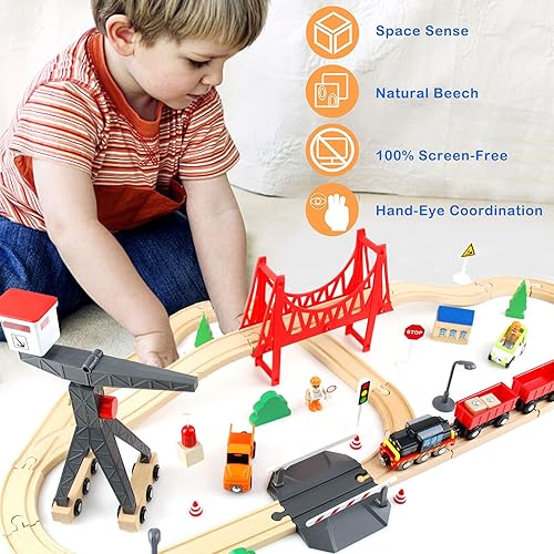 Miniatura 5 de WOOD CITY Juego de tren de madera, 56 piezas de lujo para niños de 2, 3, 4, 5 años, pista de tren temática de carga con grúa torre y puente