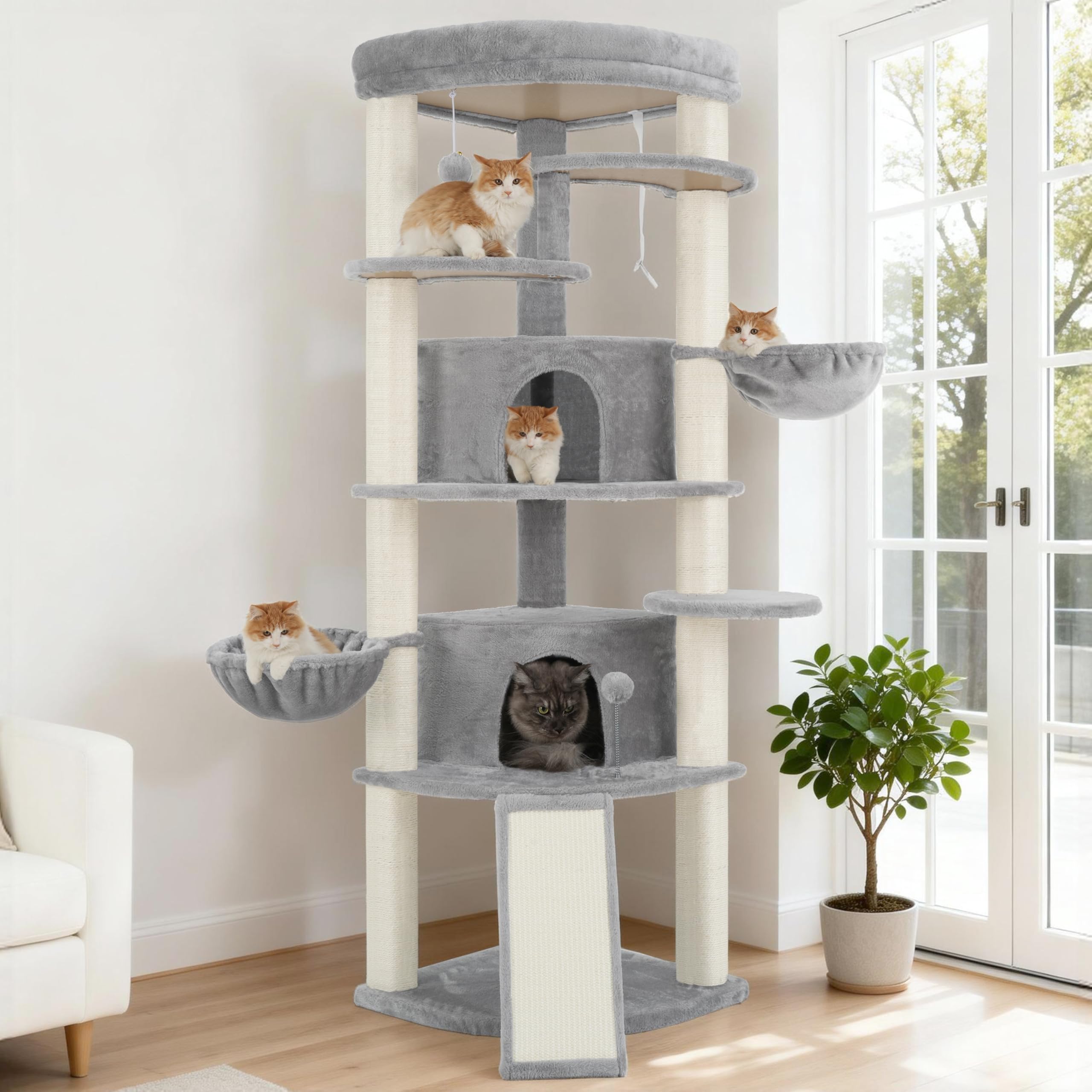 Gitelsnour Eck-Kratzbaum, Katzenbaum für Innenbereich, Mehrstöckiges katzenkratzbaum mit Sisal Kratzsäulen, 2 Katzenhöhlen, großer Oberplattform, 2 Hängender Katzenkorb, Hellgrau GCT035W