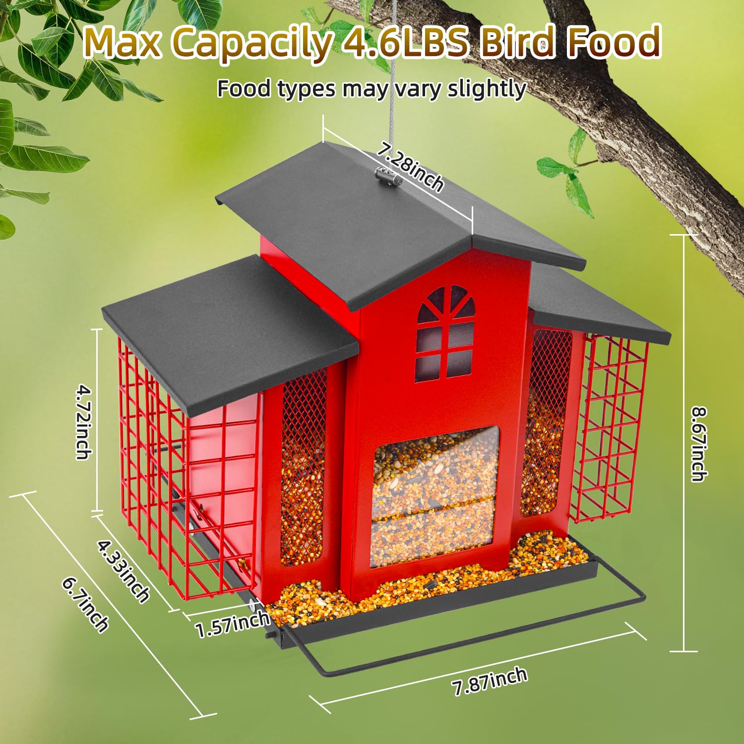 Bird Feeders for Outdoors Hanging,Metal Bird Feeder with Double Suet Cage Cake,Sturdy & Weatherproof,Easy to Clean & Refill,4.6Lbs Large Capacity, Great for Attracting Wild Birds,Red