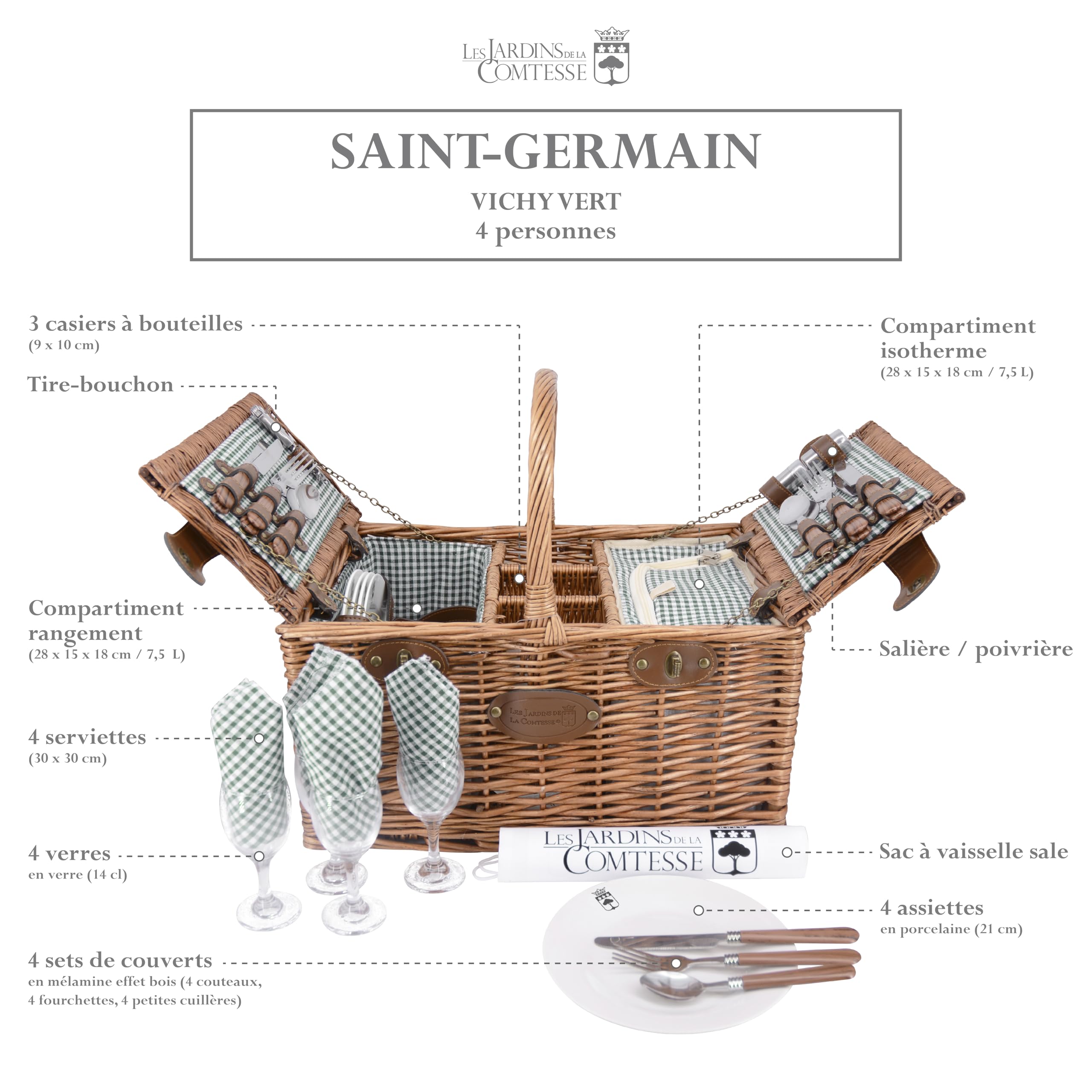 Panier à Pique-nique En Osier Avec Vaisselle – 4 Couverts – État Correct
