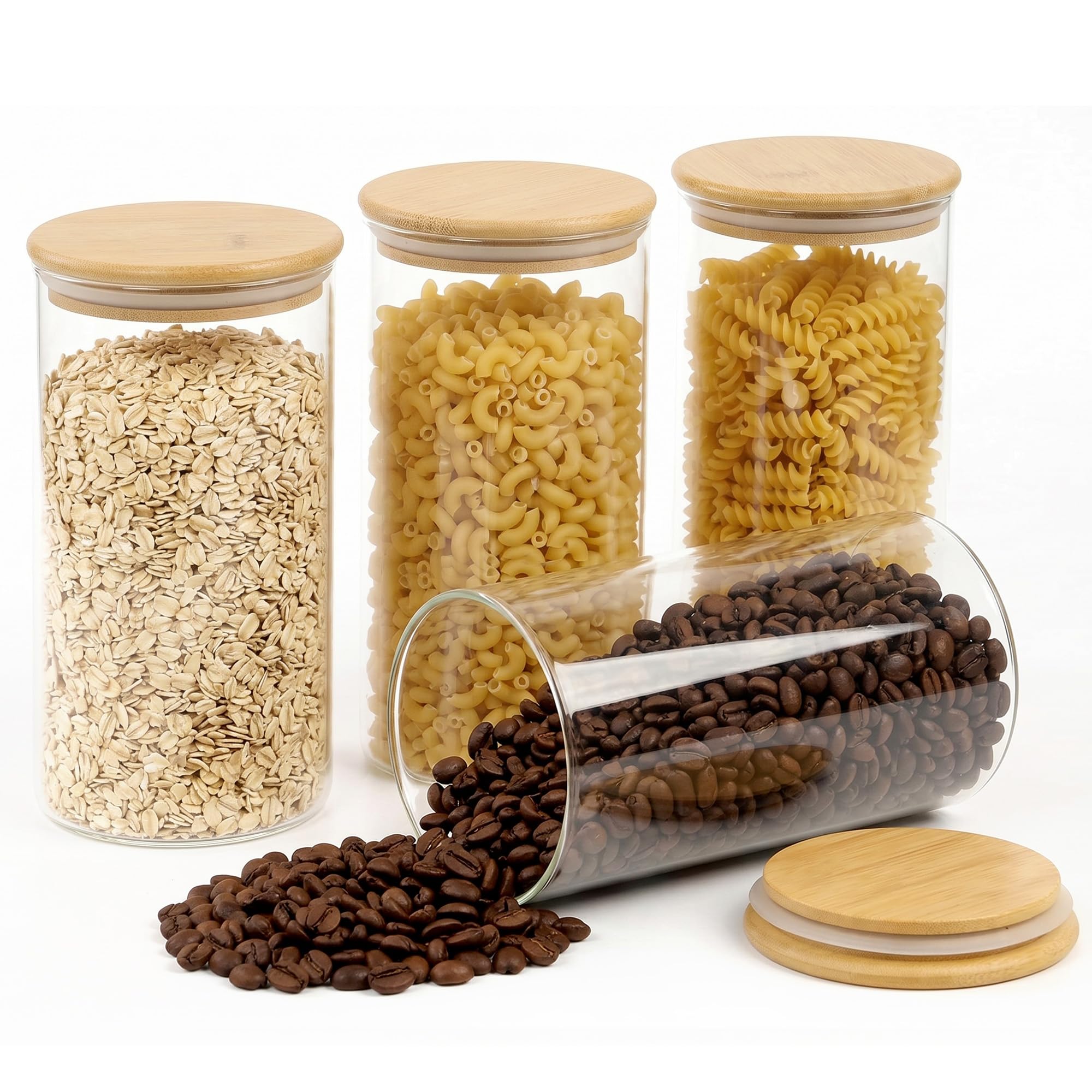 Daitore 1200 ml Storage Jars with Lid, Airtight, Set of 4, Glass Storage Jars with Lid, Glass Container, Storage Jars with Wooden Lid, Kitchen Storage Jars for Cereal, Pasta, Flour, Coffee