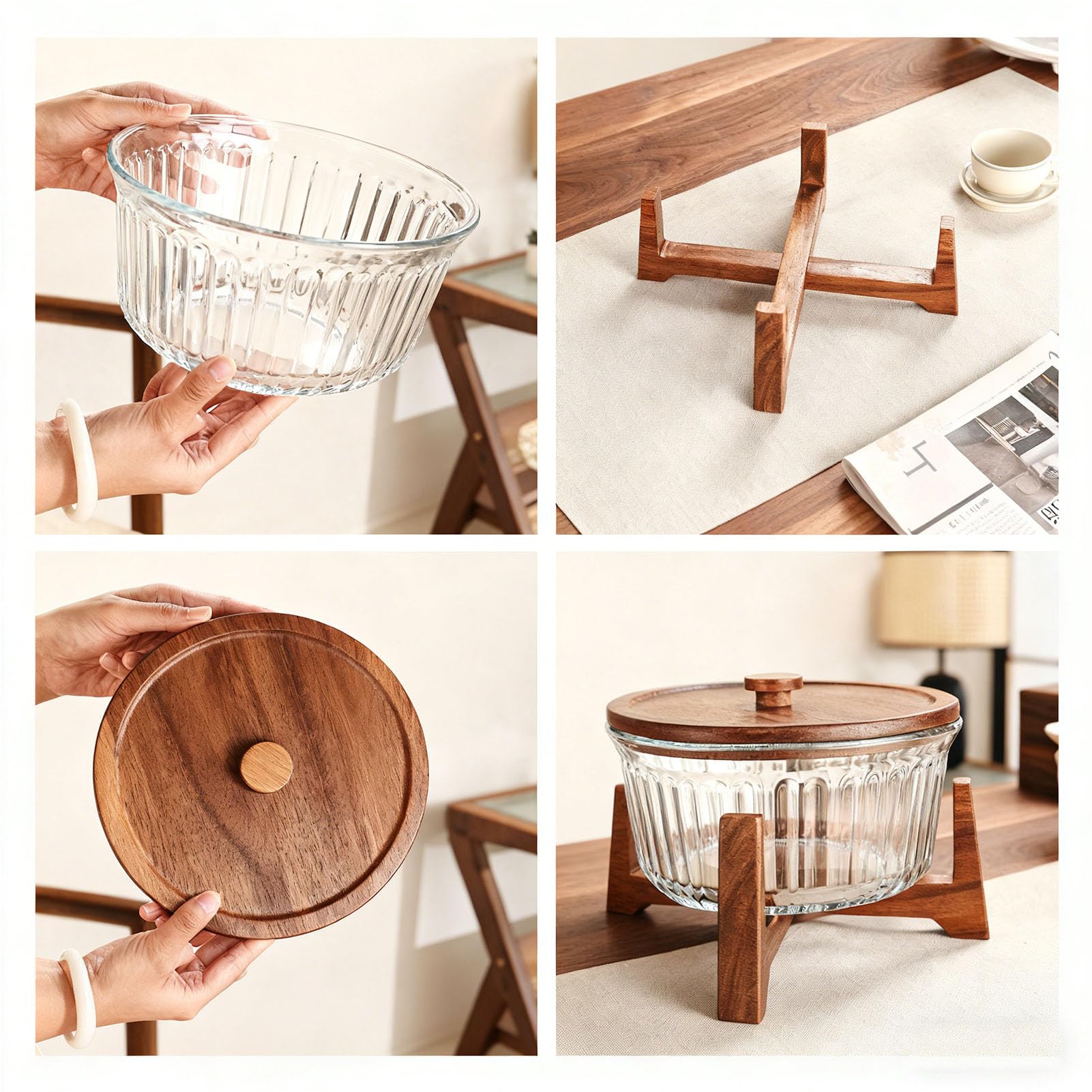 Bol de Cristal con Tapa y Soporte de Madera - 22 cm de diámetro, Cristal Transparente Acanalado para Frutas, ensaladas y decoración Moderna de Cocina
