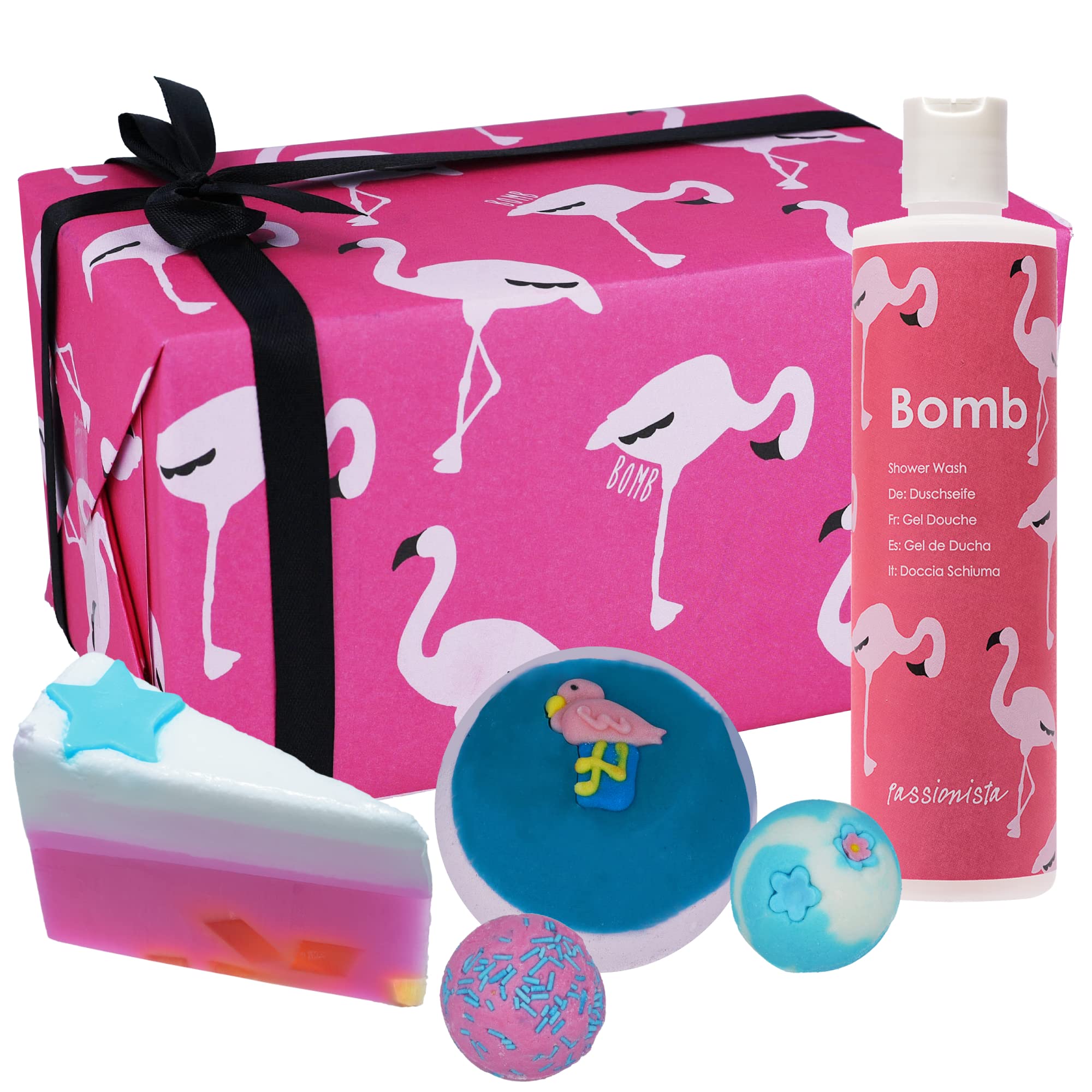 Bomb Cosmetics Let's Flamingle Handmade Wrapped Bath, Body & Shower Gift Pack, Flamingo Themed, Contains 5-Pieces, 500g