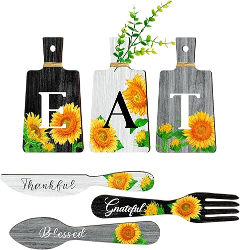 Miniatura 8 de Juego de 6 letreros de girasol para cocina, tenedor y cucharas, decoración de pared de cocina, placas colgantes de madera, arte de pared de granja,