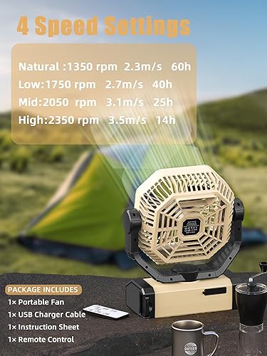 Miniatura 2 de Ventilador de camping recargable  Ventilador alimentado por batería de 9 pulgadas, 20000 mAh (60 horas) funciona con pilas para camping, oscilación