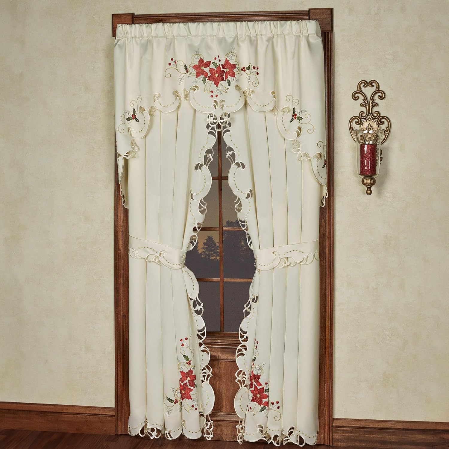 Touch of Class Poinsettia Palace Embroidered Faux Silk Christmas Window Treatment | Holly Leaves, Berries & Gold Ribbon | Holiday Home Decor 84 Inch Long Curtain Pair and Contour Swag Valance