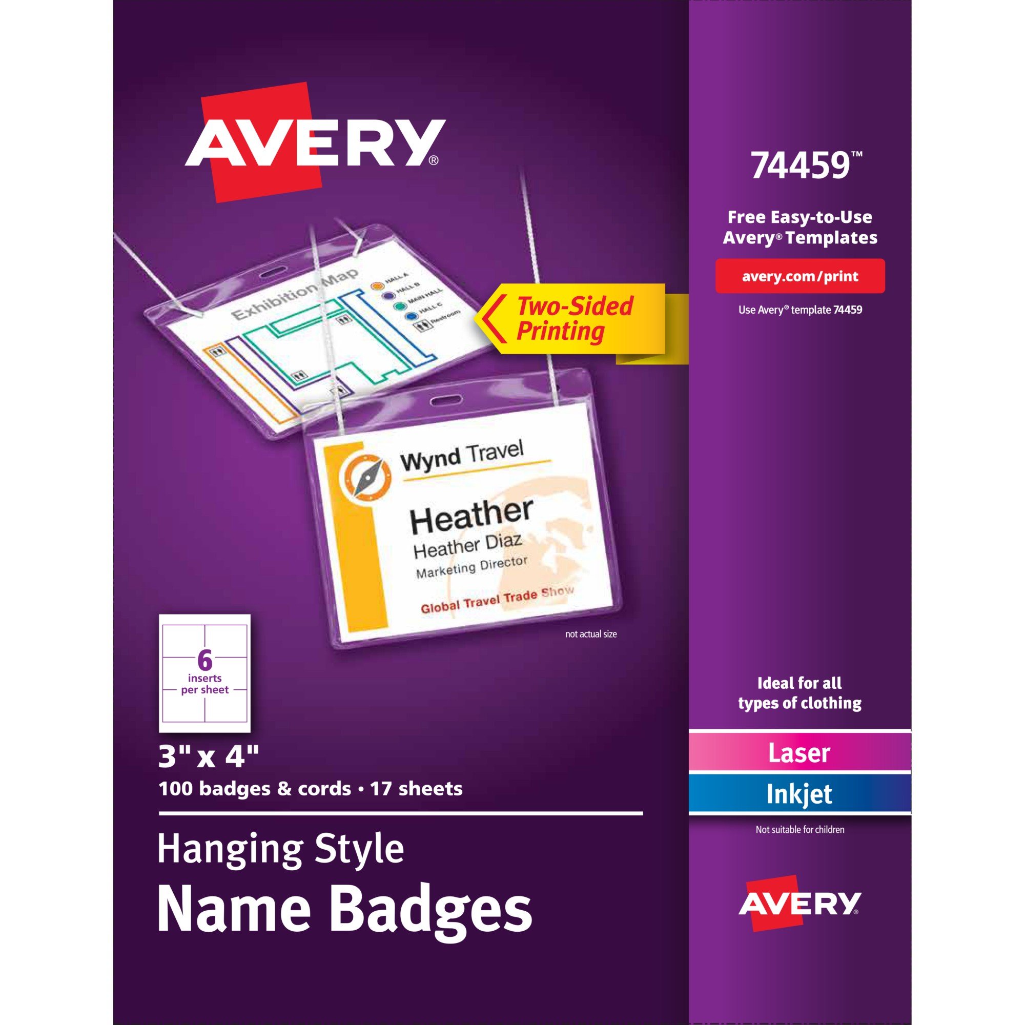 AVERYCustomizable Name Badges, 3" x 4", Printable Name Tag Inserts, 100 Per Box, 5 Packs, 500 Name Tag Holders with Cords Total (74459)