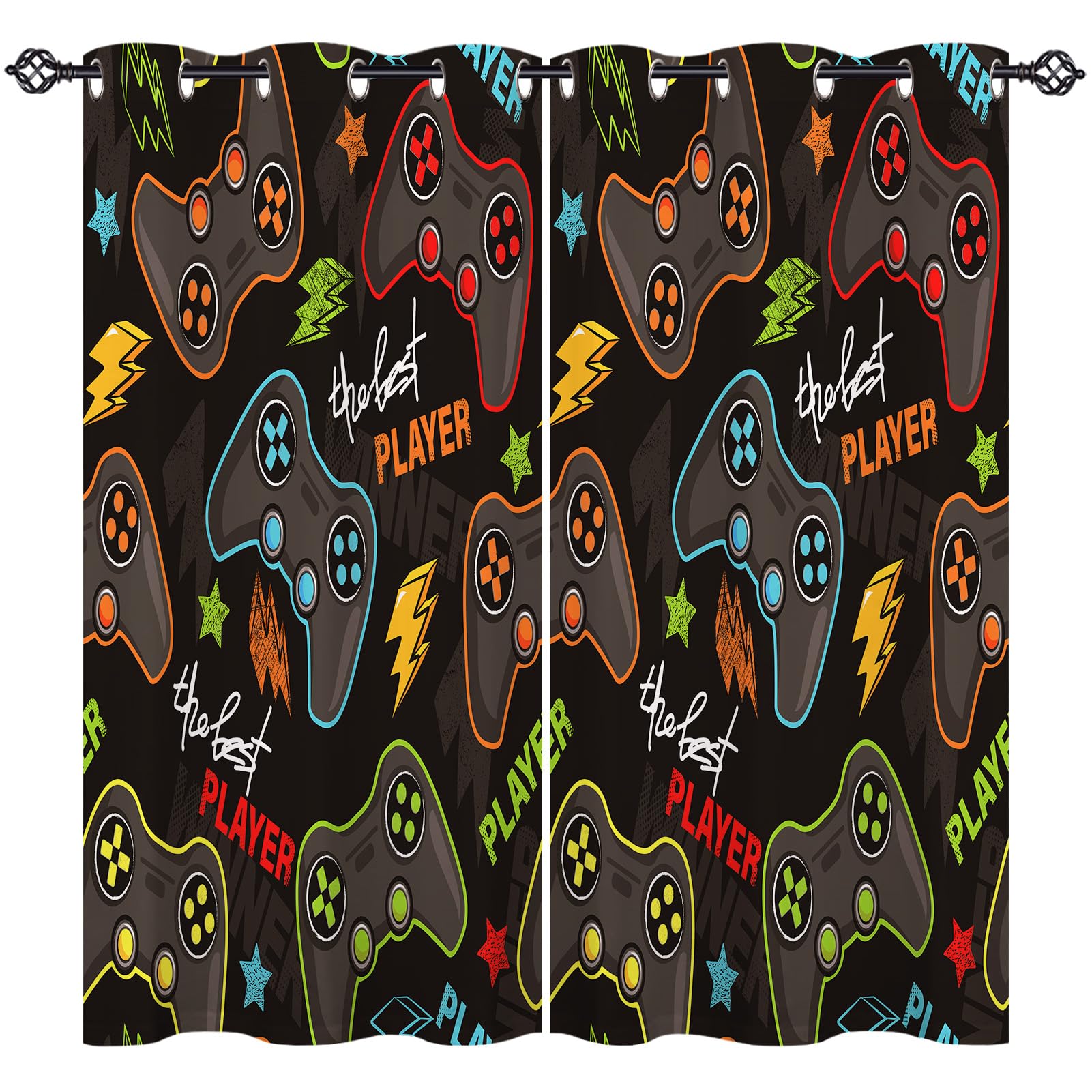 ANHOPE Custom Blackout Curtains Eyelet or Rod Pocket Personalized Size Thermal Insulated Curtains Gaming Theme Video Game Gamepad Print Pattern Customized Drapes for Bedroom Living Room 2 Panels