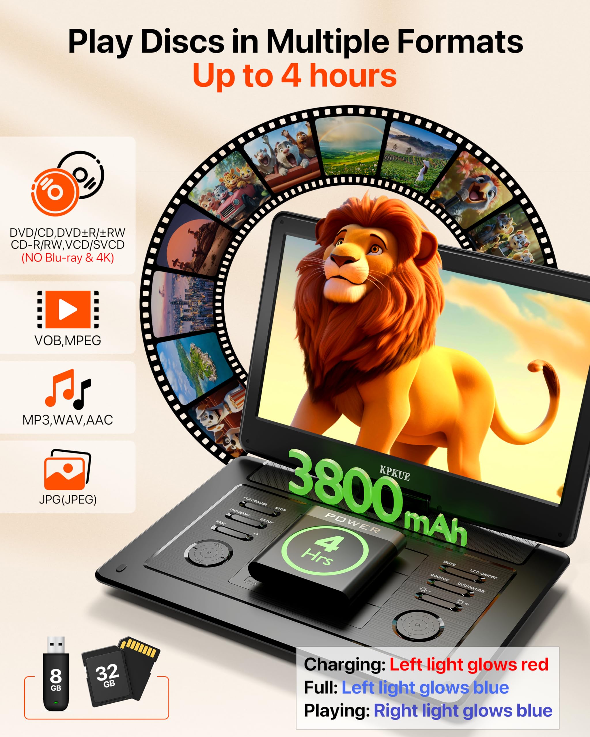 Lettore DVD portatile da 15,6 pollici con schermo FHD - Ampio display girevole per fornire intrattenimento in auto, batteria integrata a lunga durata, supporta più formati di dischi, HDMI, USB, SD