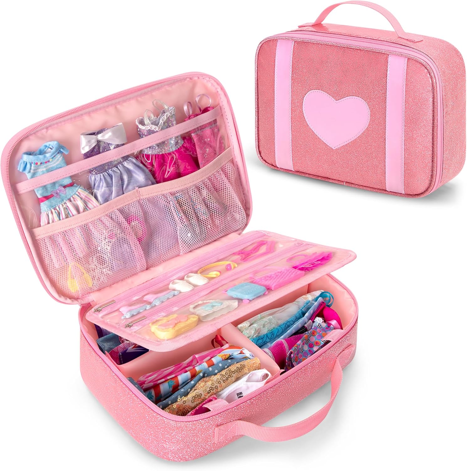 LoDrid Zipper Carrying Case Compatible with Barbie Clothes, 1 Binder and 1 Removable Devider with Multiple Pockets and Handle for Doll Accessories, Pink, Bag Only