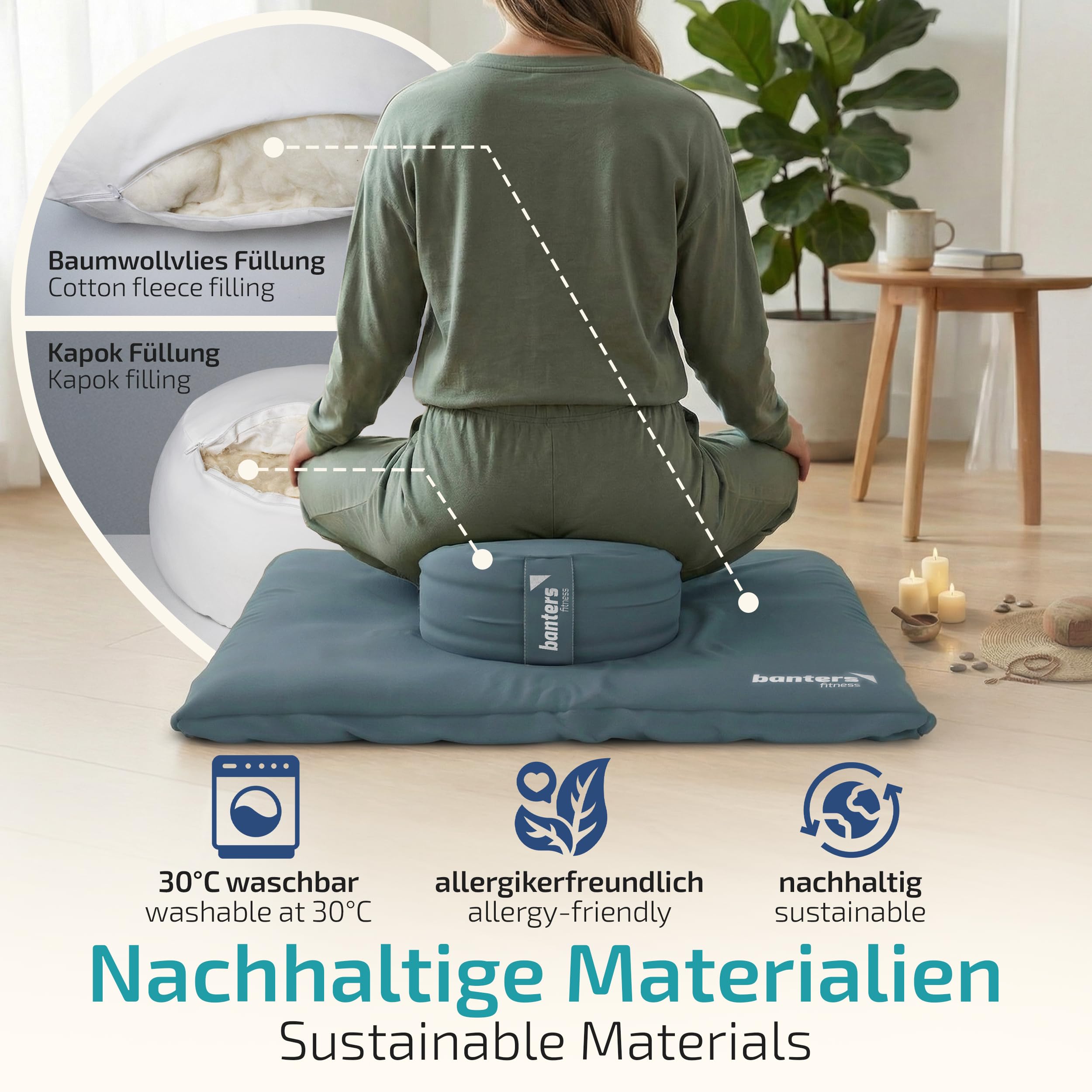 banters Set di cuscini da meditazione con imbottitura in kapok, cotone biologico, zafu e zabuton, altezza regolabile, lavabile, con cinghie per il trasporto e modello diario di 5 minuti
