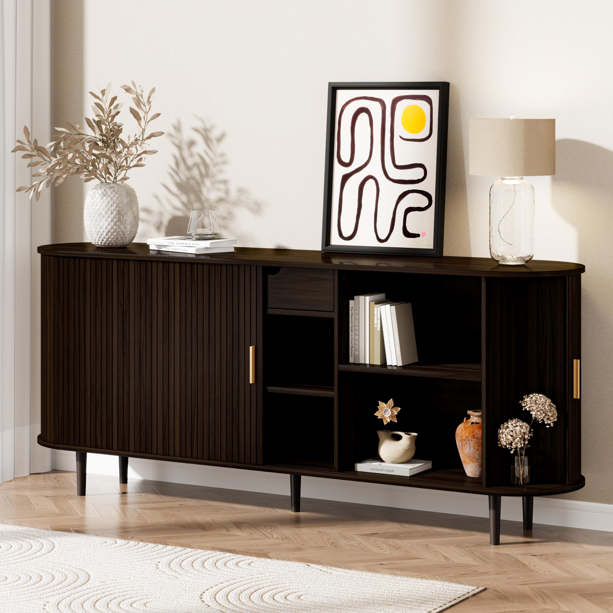 71" Sideboard Buffet Cabinet with Storage,Large Credenza with Sliding Doors and 1 Drawer,Mid Century Modern Coffee Bar Cabinet with Adjustable Shelves for Dining Room,Kitchen,Living Room (Dark Walnut)