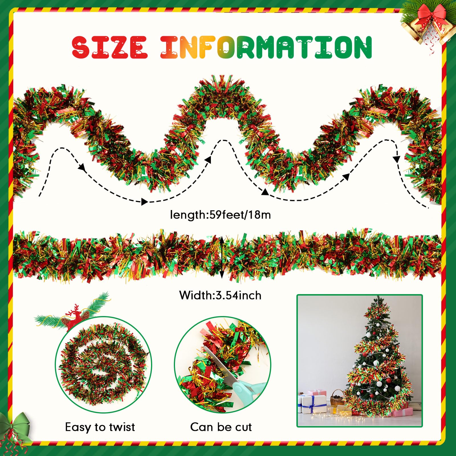 118 Feet Christmas Tinsel Garland Glitter Tinsel Twist Metallic Tree Shiny Hanging Ceiling Garland Decorations for Indoor Outdoor Holiday Party(Red Green Gold)