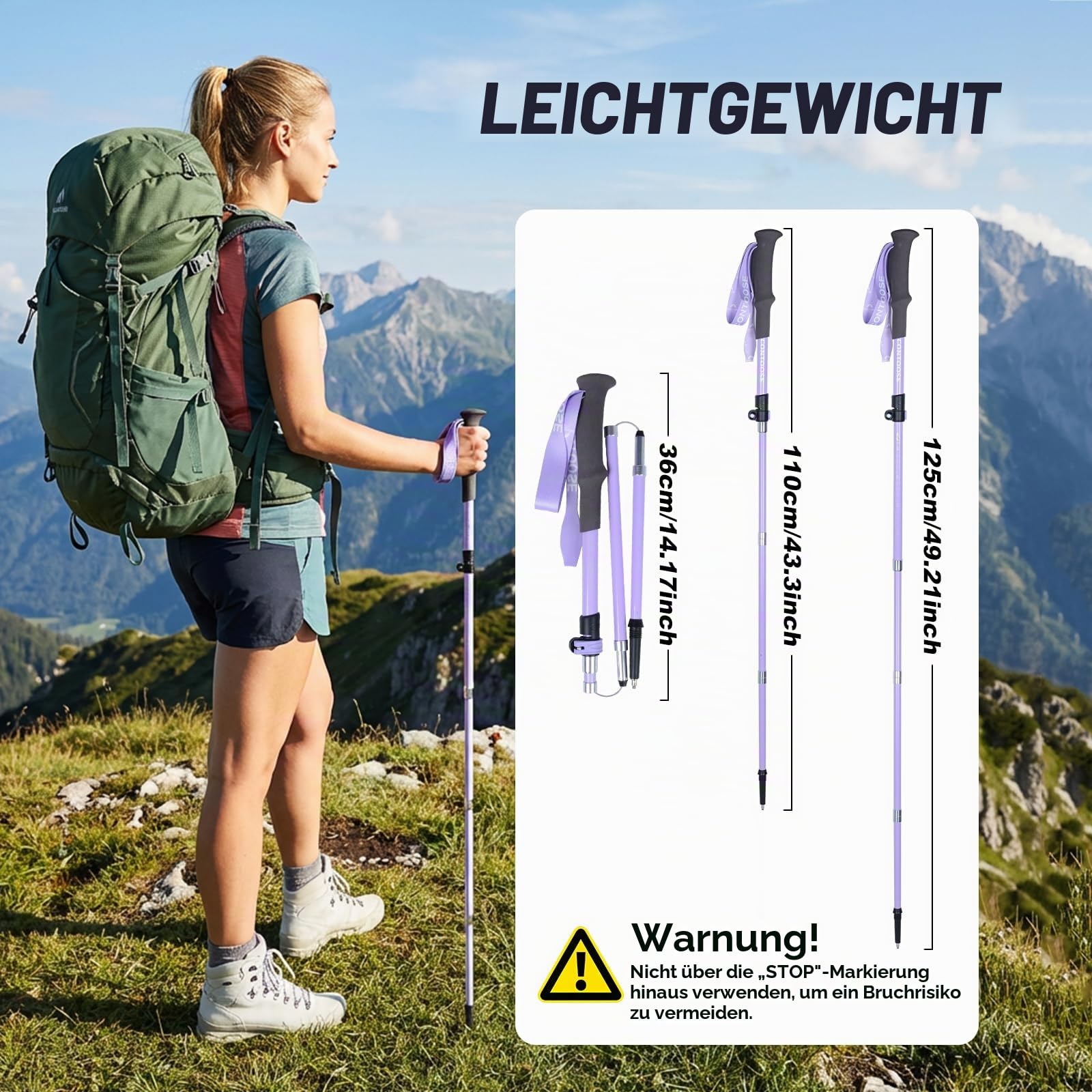 Qoosea Wanderstock für Damen, Premium Walking Stock Teleskop 110-125cm, [Kohlefaser] Faltbarer Trekkingstock mit Gummipuffer & Tasche, Hiking Pole für Wandern, Nordic Walking und Skitouren