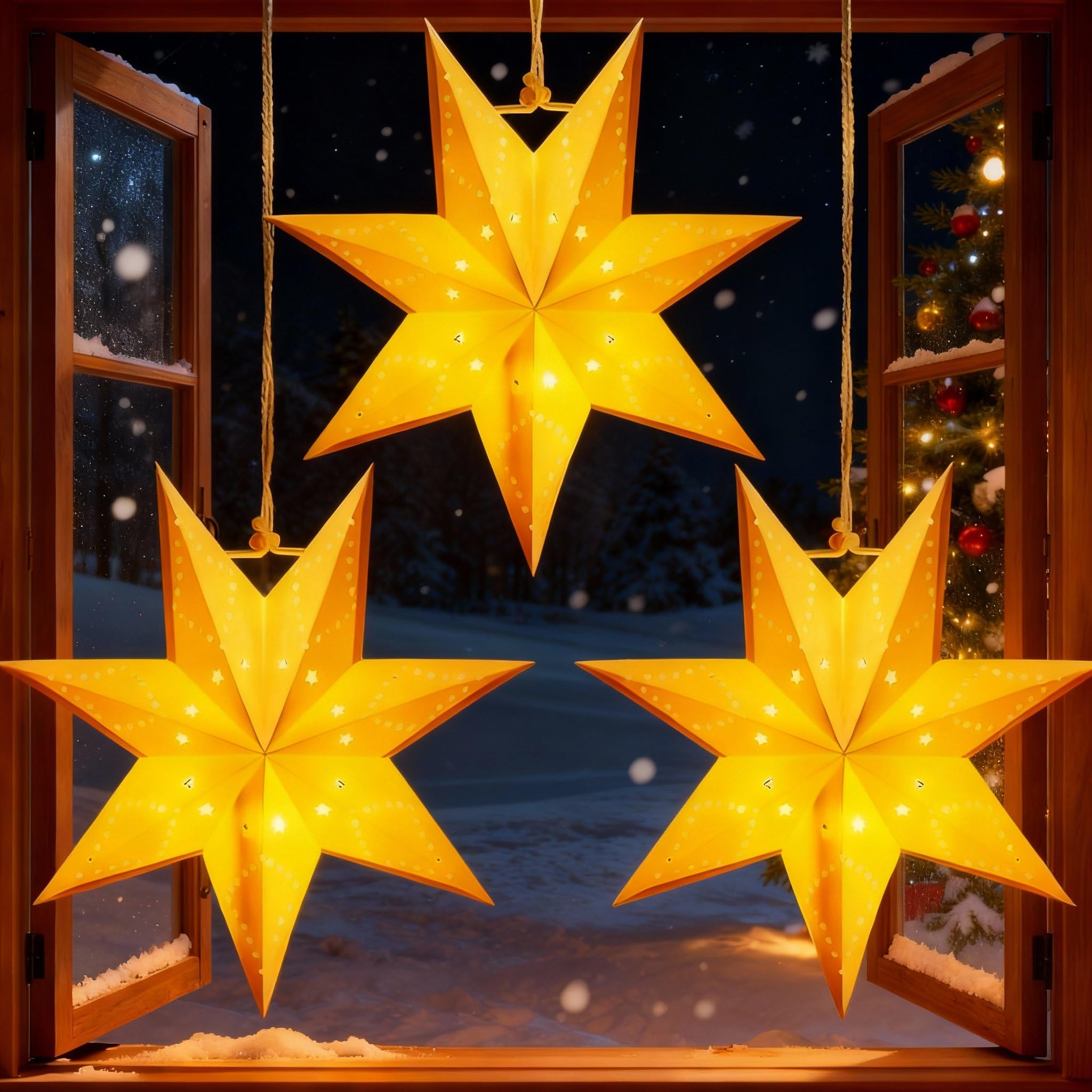Large Paper Star Lanterns with Lights 3D 7 Pointed Christmas Paper