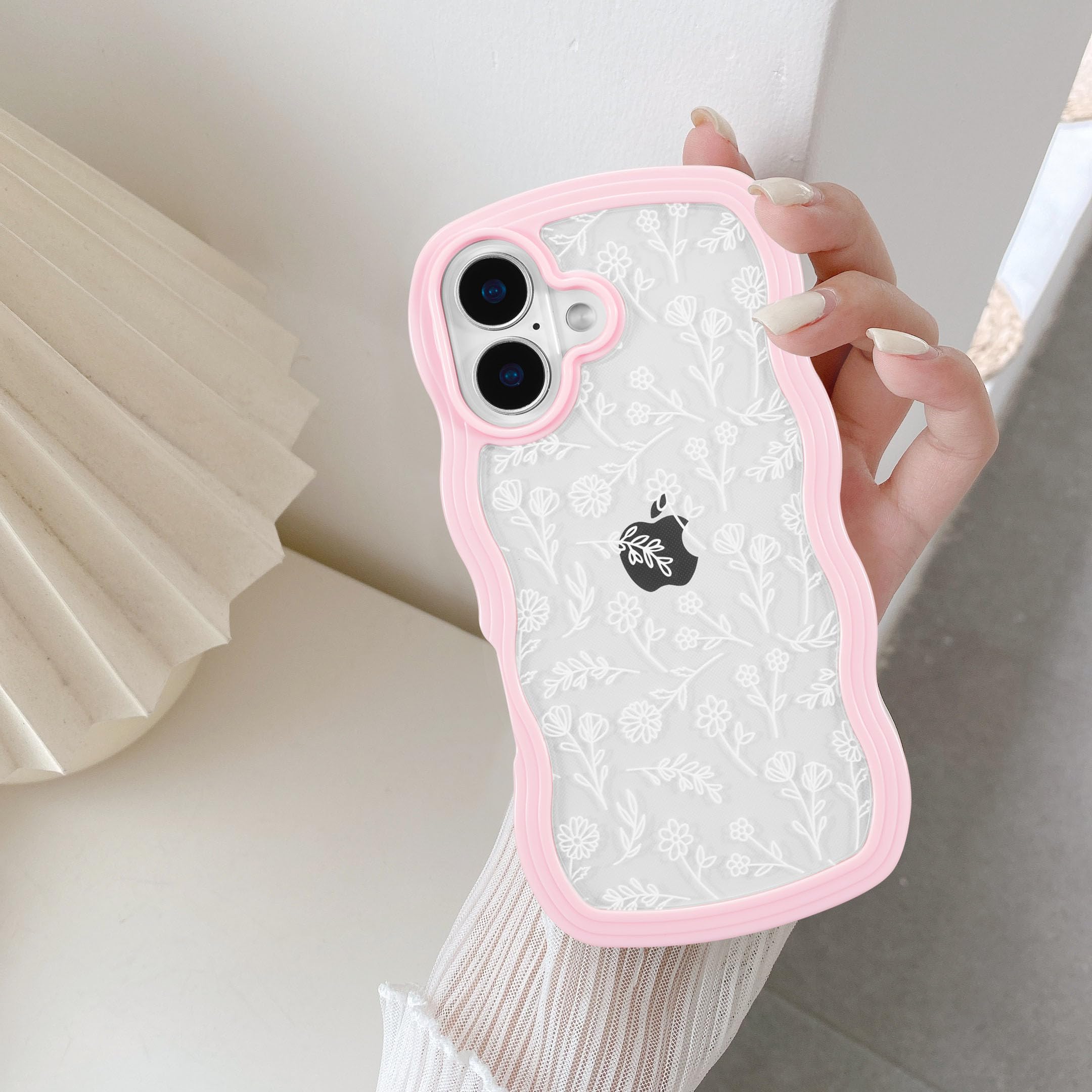 QLTYPRI for iPhone 16 Plus Case, Curly Wave Frame Clear Phone Case with Aesthetic Floral Flower Design for Girls Women, Clear Soft Silicone TPU Bumper
