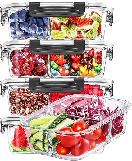 Skroam 5 Pack Glass Airtight Food Storage Containers 3 Compartments, Glass Meal Prep Container Set with Lids for Pantry Organizers and Storage, BPA Free, Leak Proof Glass Lunch Boxes Bento (4.2 Cups)