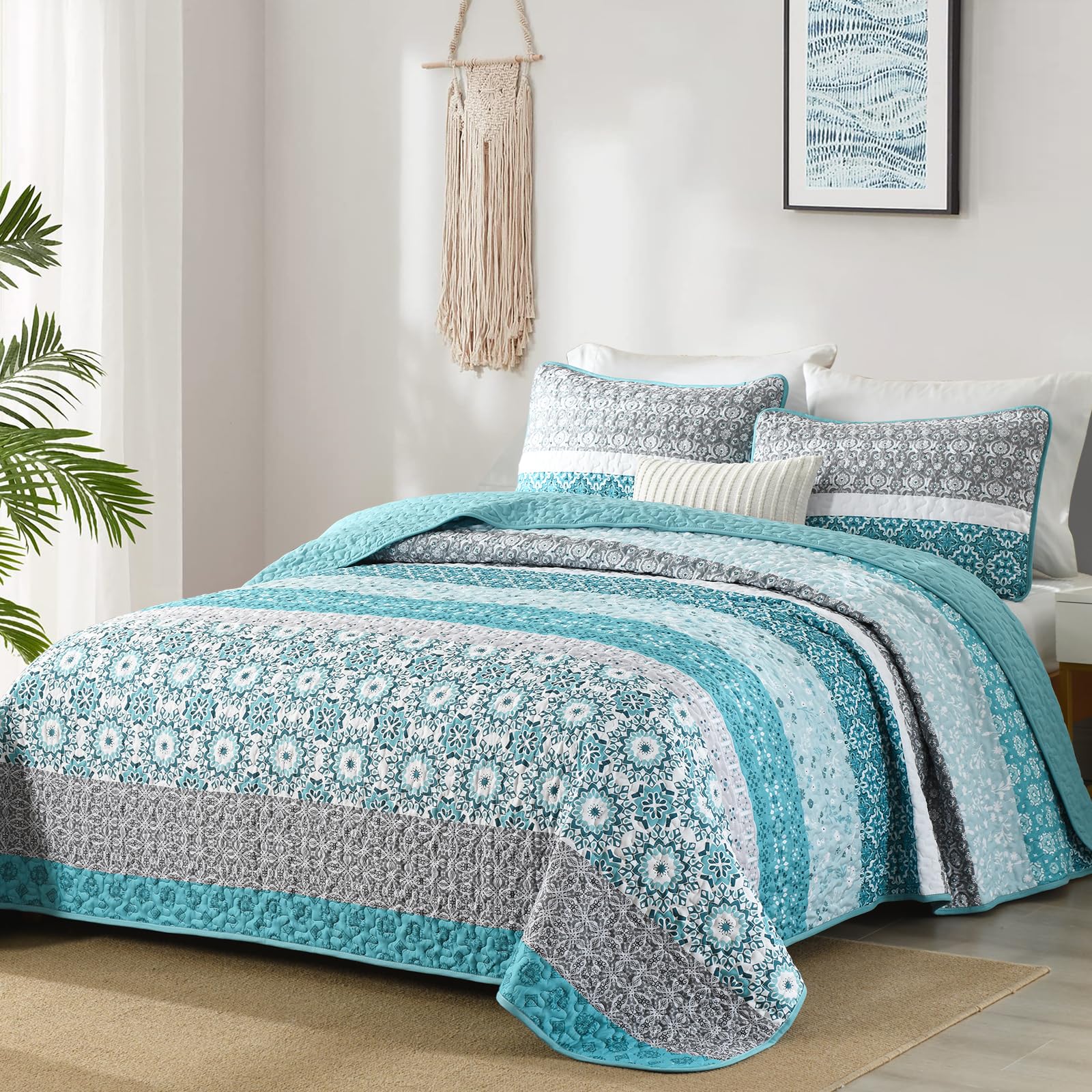 Parure de lit bohème double avec courtepointe patchwork bleu sarcelle en microfibre