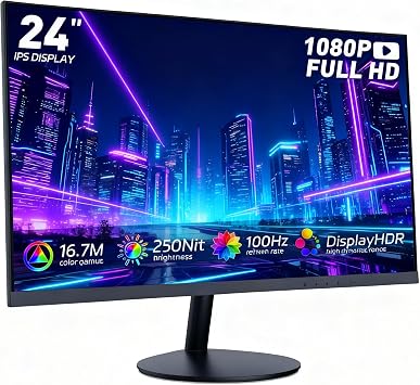24 Inch Gaming Monitor FHD 1080P, 100Hz Refresh Rate, 3ms Response Time, AMD FreeSync, Low Motion Blur, Frameless Bezel, HDMI/DP Ports, VESA Mount Compatible for PC Gaming