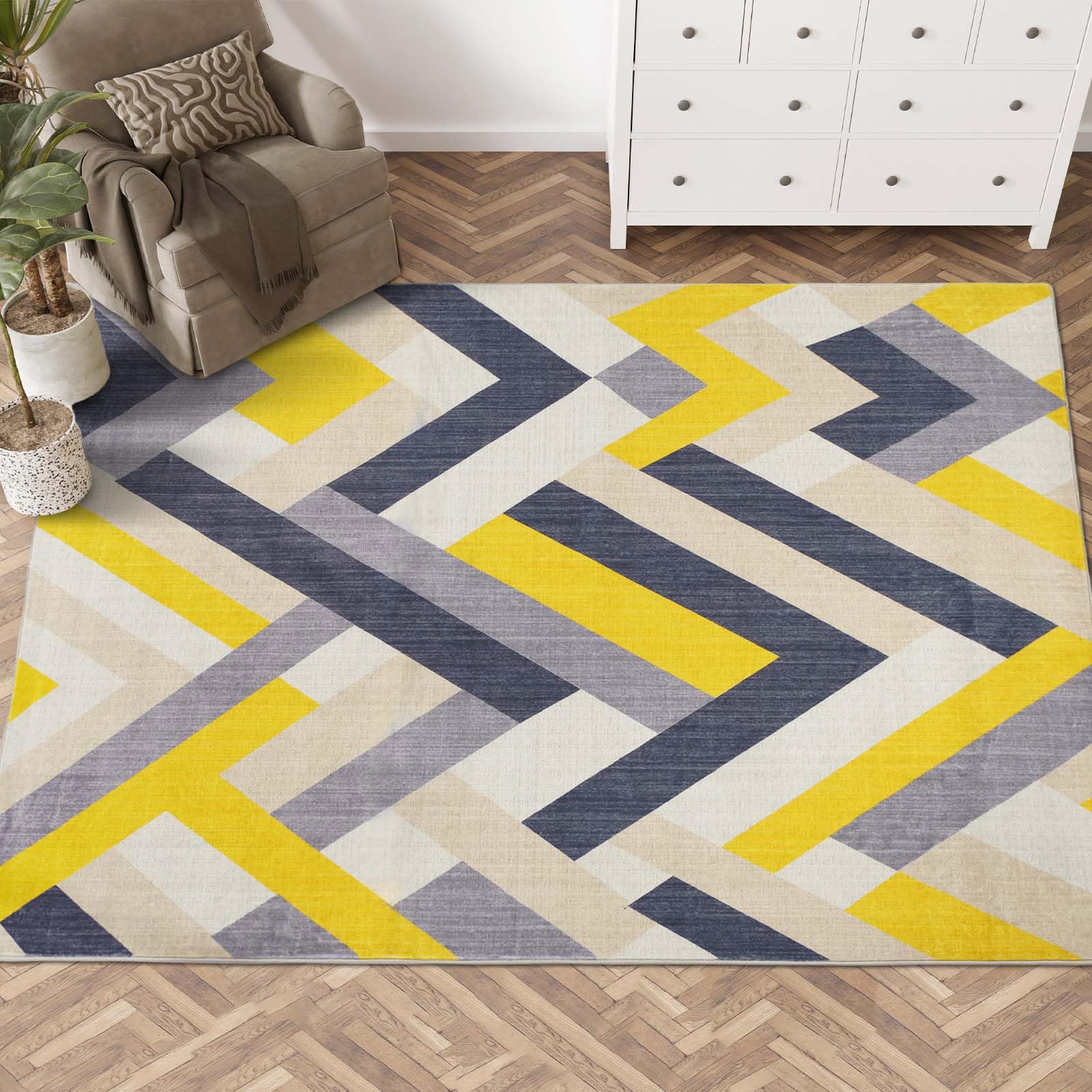 Betadistor Tapis de salon moderne à poils courts et antidérapants pour chambre à coucher, couloir, 120 x 160 cm, jaune et gris, 303-05120