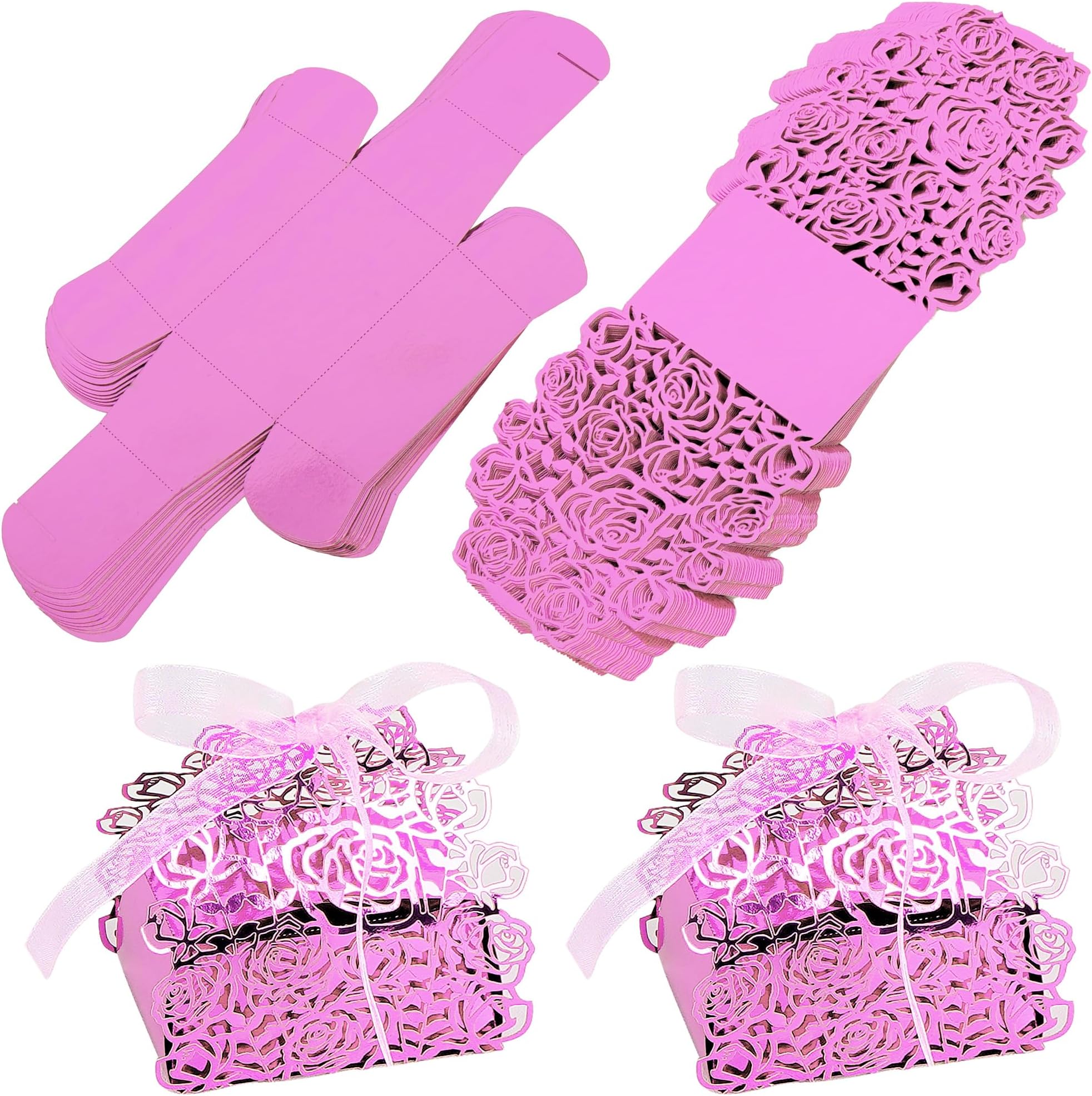 BUNCHBRAVO Rose Candy Boxes with Ribbon – 50 Pack Laser-Cut Wedding Favor Gift Boxes for Bridal Shower Party, Birthday, Valentine's Day (Mirror Pink)