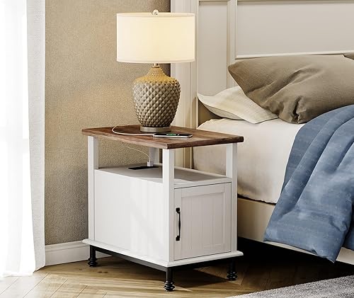 Miniatura 4 de WAMPAT Juego de 2 mesas auxiliares con estación de carga y estante abierto, mesa auxiliar moderna para sofá con 2 tomas de corriente y puertos USB