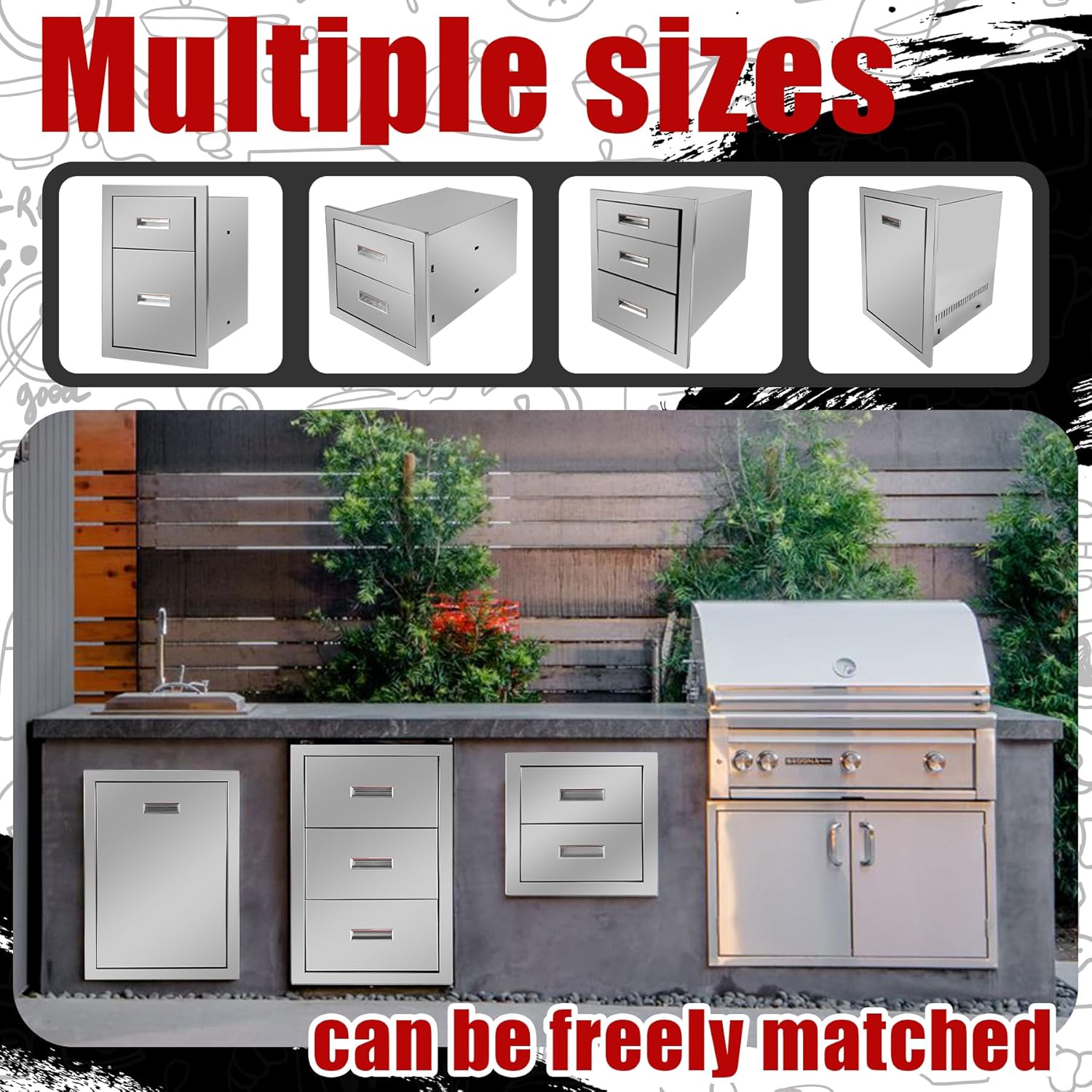 Outdoor Kitchen Triple Layer Drawer 14'' W x 20.3'' H x 23'' D Flush Mount BBQ Access Drawers Stainless Steel BBQ Island Drawers with Handle Suitable for Outdoor Kitchen Island Grill Station