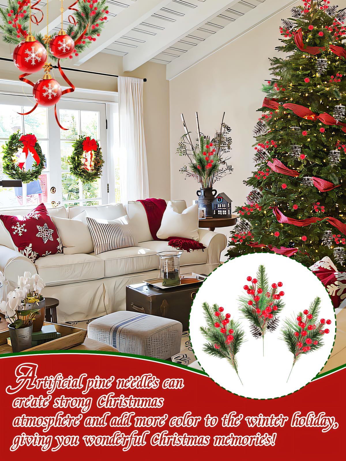 Kalolary Künstliche Tannenzapfen Zweig-Set, 150 Stück, sortierte künstliche Tannennadeln, Zweige, schneebedeckter Weihnachtsbaum, florale Zweige, Weihnachtszweige, rote Stechpalmenbeeren, Stiele für