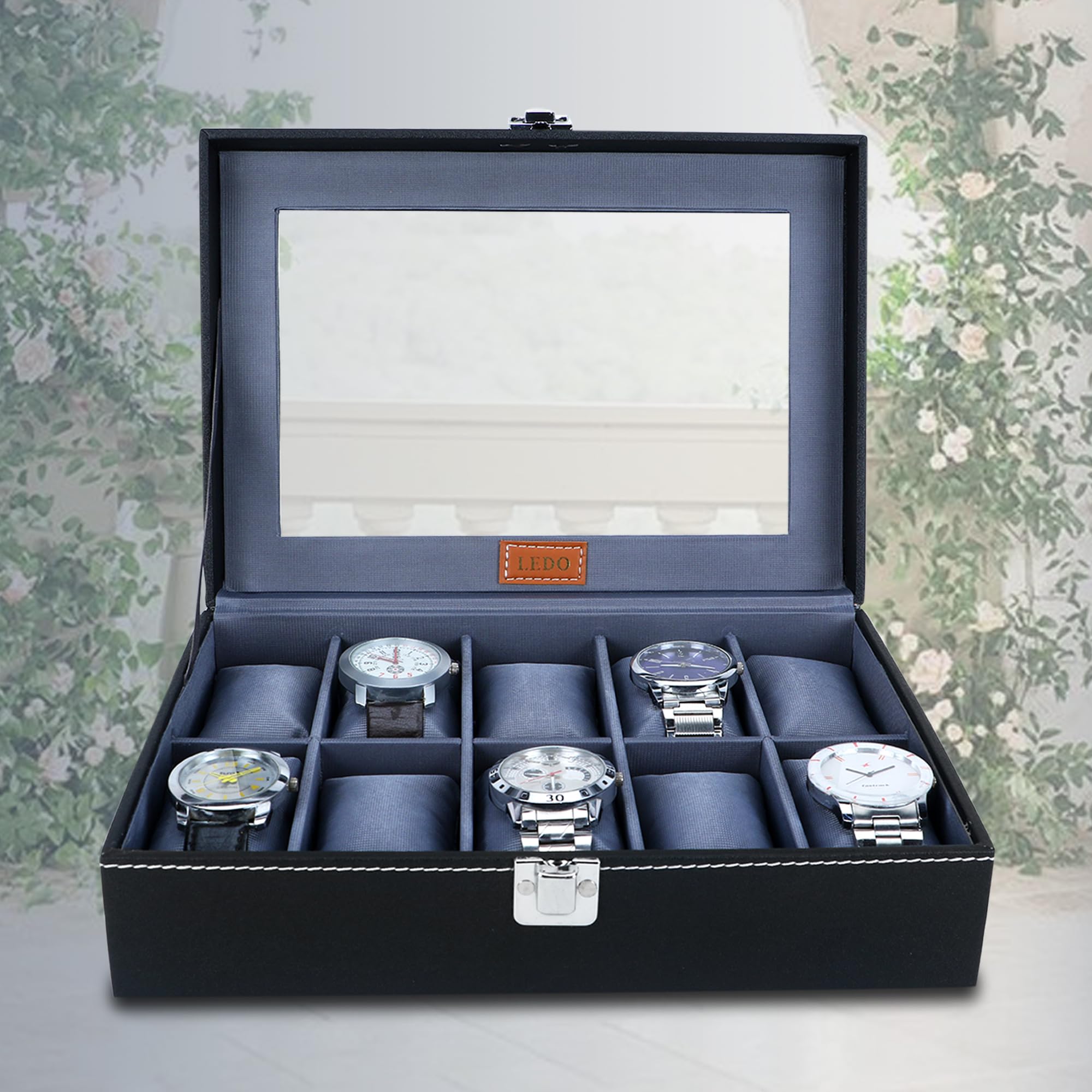 LEDO Leather Men'S And Women'S Watch Box Organizer Case In 10 Slots Of Watches In Black Color (Blackandgray)