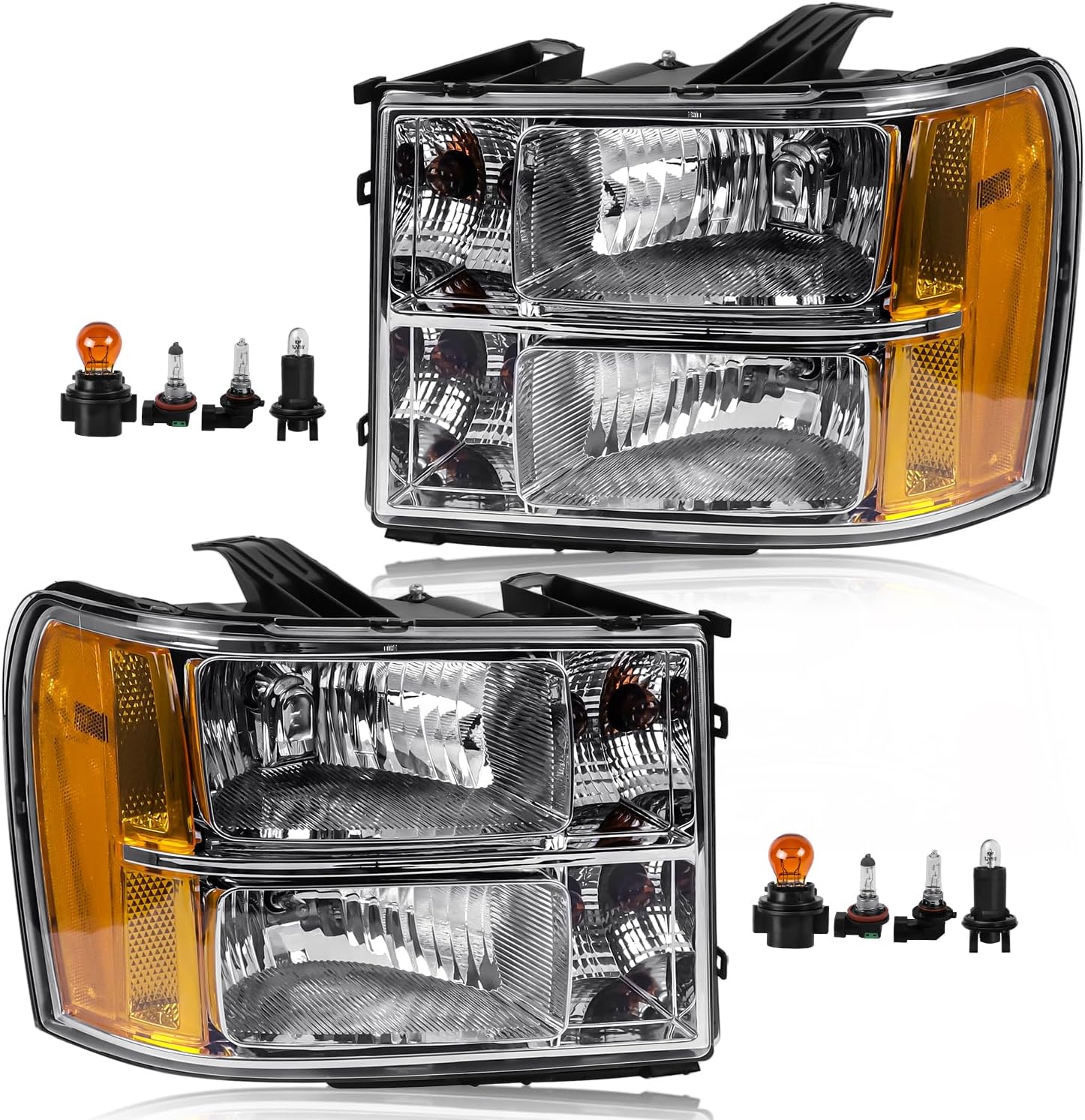 Headlight Assembly Compatible with GMC Sierra 2007-2013 Halogen Head lamp, OE-Style Headlamp Replacement for 22853029 22853030 GM2502283 GM2503283, Bulbs Included, Chrome Housing Amber Reflector