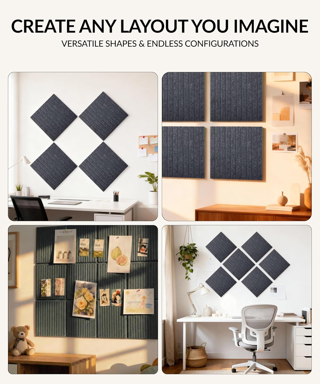 Large Cork Board Alternative 48" x 36" with Push PINS & Wall Safe Adhesive Tabs – Push pin Board for Walls in Home or Office, Felt Bulletin Board Tiles, Versatile Felt Board Layout, Smoky Grey