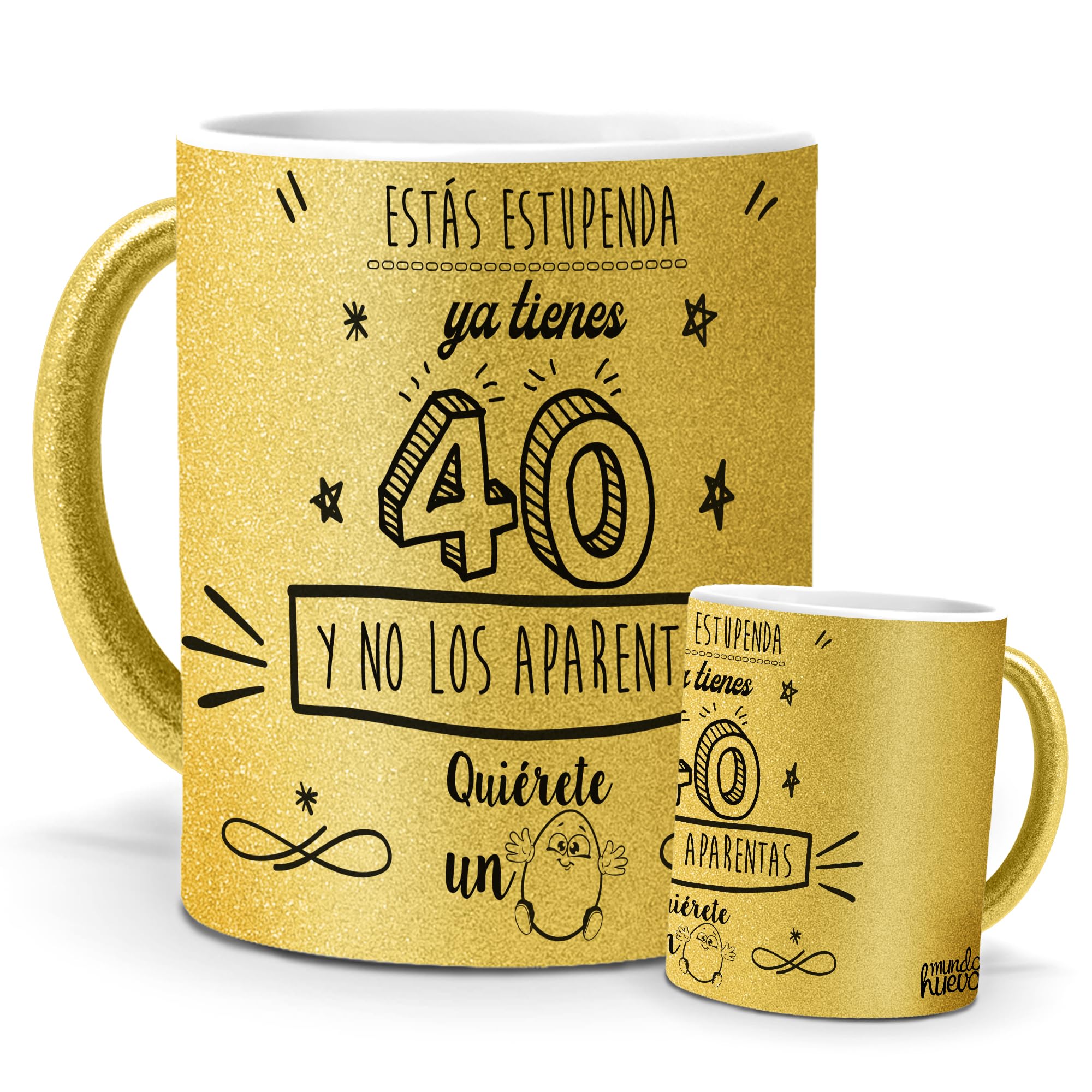 Taza Feliz 40 años | Ya tienes 40 y No los Aparentas | Taza con Frases Motivadoras 40 años Mujer | Taza de Té, Café o Infusiones | Regalo de Cumpleaños | Taza Cerámica Purpurina Oro | Capacidad 350ML