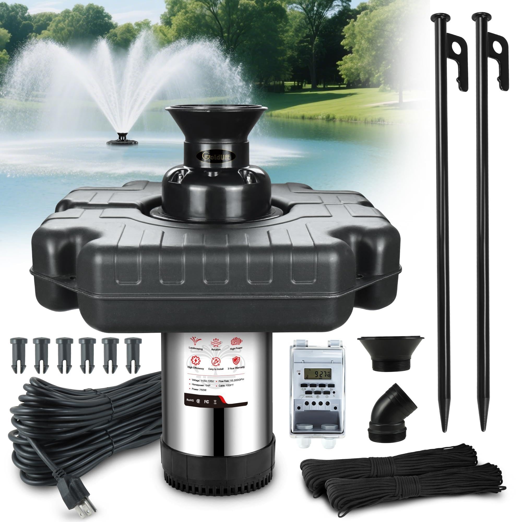 Goldlife - Aerator fontannowy do stawu, F3, 1 HP 750 W, 110 V, pływający zasilacz, ze stali nierdzewnej z przewodem zasilającym o długości 100 stóp, ośmiokątna pompa do stawu