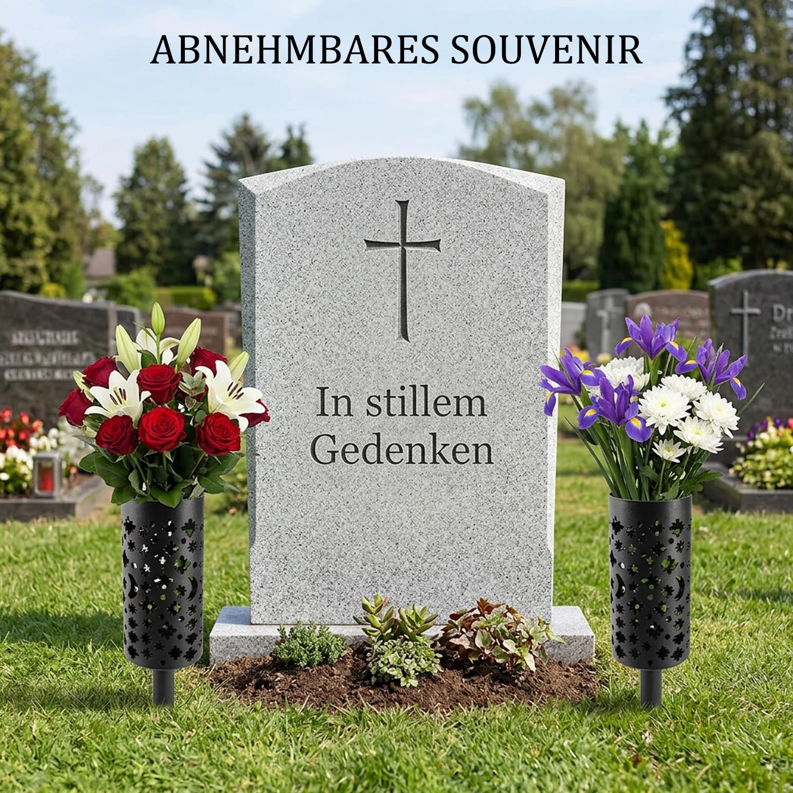 2 Stück Grabvase mit Erdspieß, 39cm Steckvasen für den Friedhof