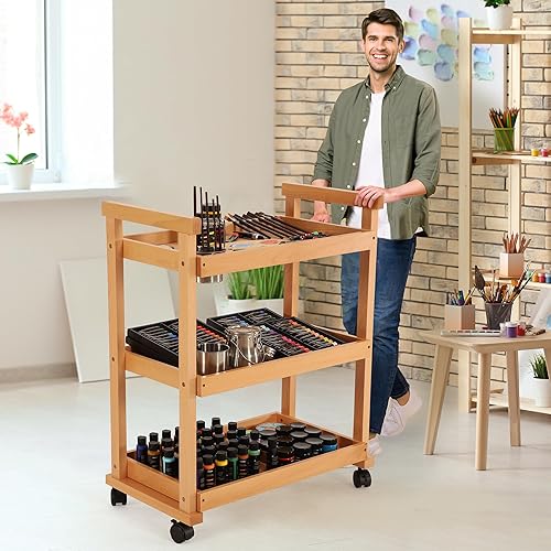 Miniatura 8 de VISWIN Organizador de carrito de arte, organizador de almacenamiento de suministros de arte de madera de haya maciza con ruedas giratorias, carrito