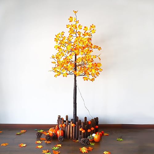 Miniatura 2 de Árbol de arce artificial solar de 6 pies con 120 luces LED blancas cálidas preiluminadas, decoración de árbol de otoño con modos de iluminación