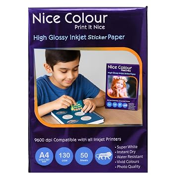 High Glossy A4 Inkjet Sticker Paper 130 GSM Printable Self Adhesive Sheets for Multipurpose Use Available in 100 Sheets and 50 Sheets Variants Suitable for Inkjet Printer (50 Sheets)