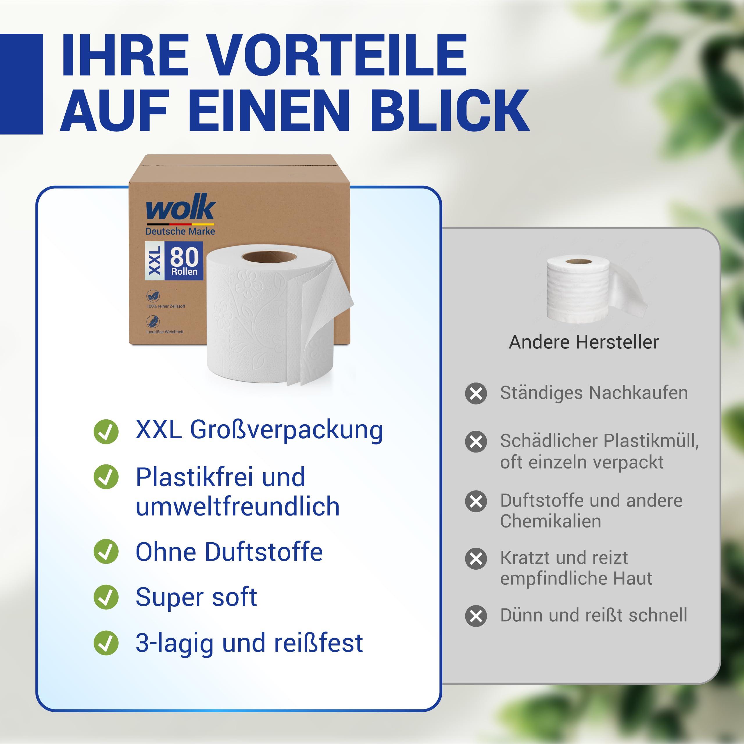 Toilettenpapier 3 lagig 80 Rollen Großpackung XXL Vorratspack | Plastikfrei verpacktes WC Papier aus Zellstoff, 150 Blatt, 3 lagig, ideal für die Toilette, Camping & Spar-Abo