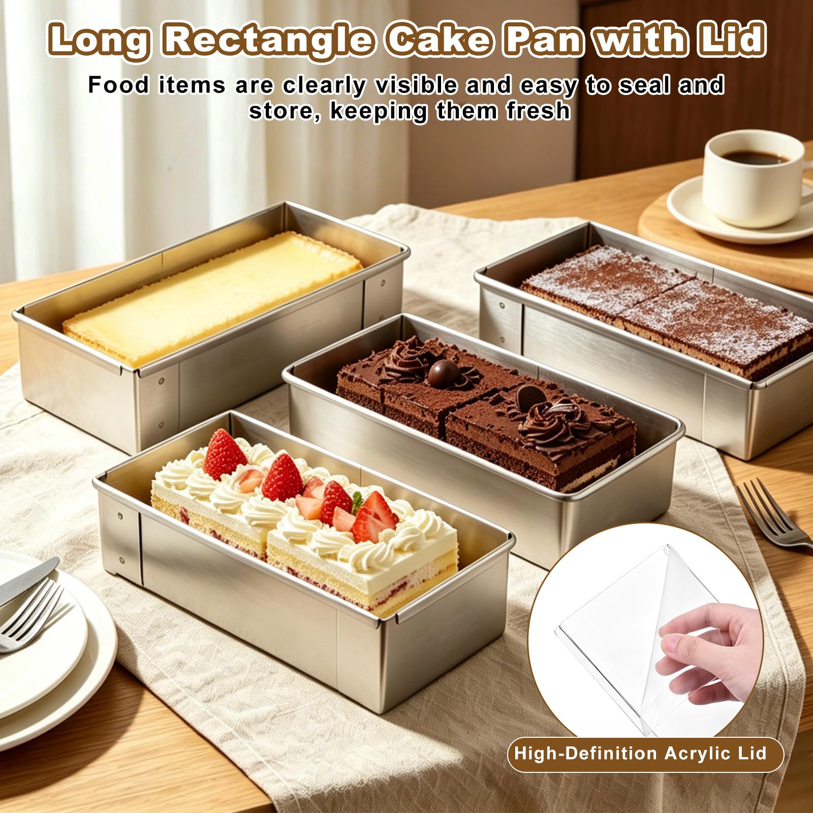 sourcing map Tiramisu-Pfanne, antihaftbeschichtet, rechteckig, Tiramisu-Kuchenform mit Acryl-Deckel, abnehmbarer Rahmen, Edelstahl, langes Backblech für Käsekuchen, Mousse, Lasagne, 2 Stück