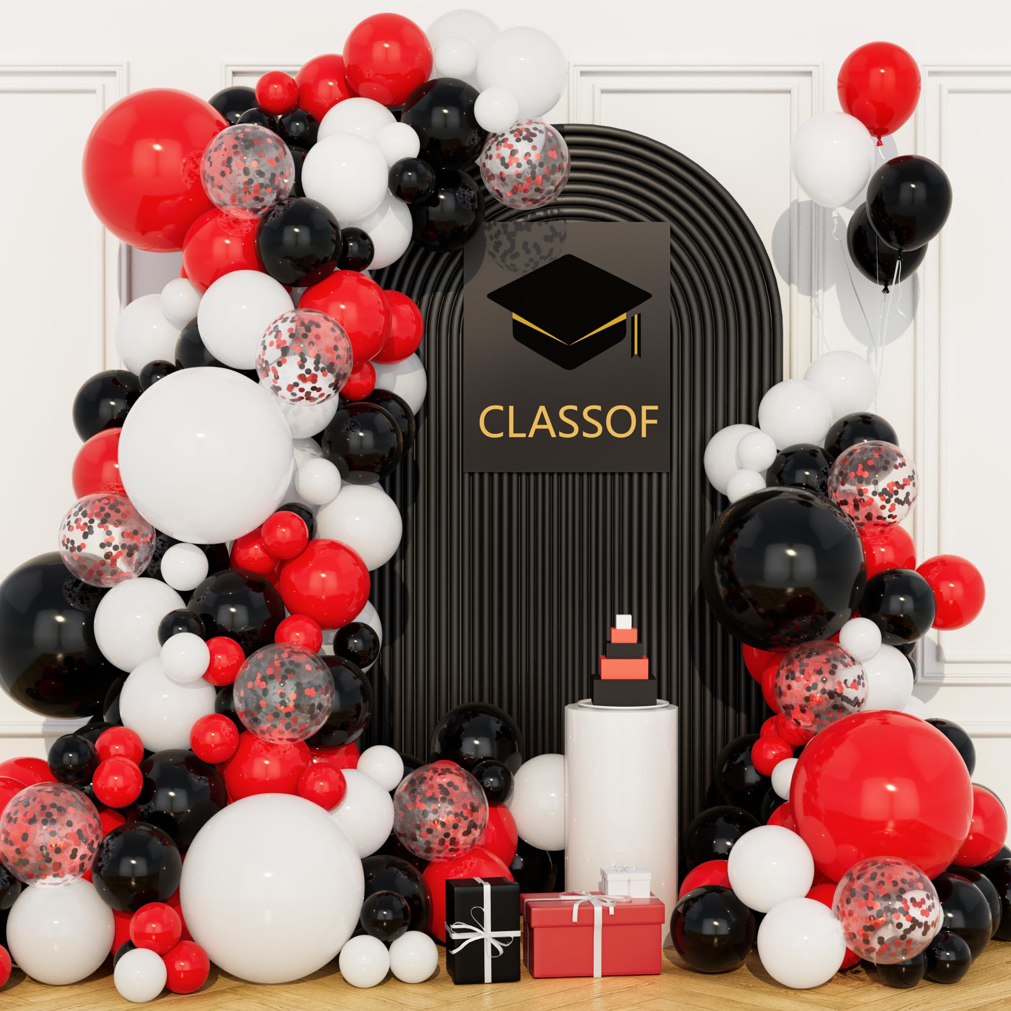 Red Black Balloon Arch Kit, 146Pcs 5 12 18 Inch Red Black White Confetti Party Balloons Garland for Birthday Baby Shower Congratulations Graduation Anniversary Party Decorations Supplies