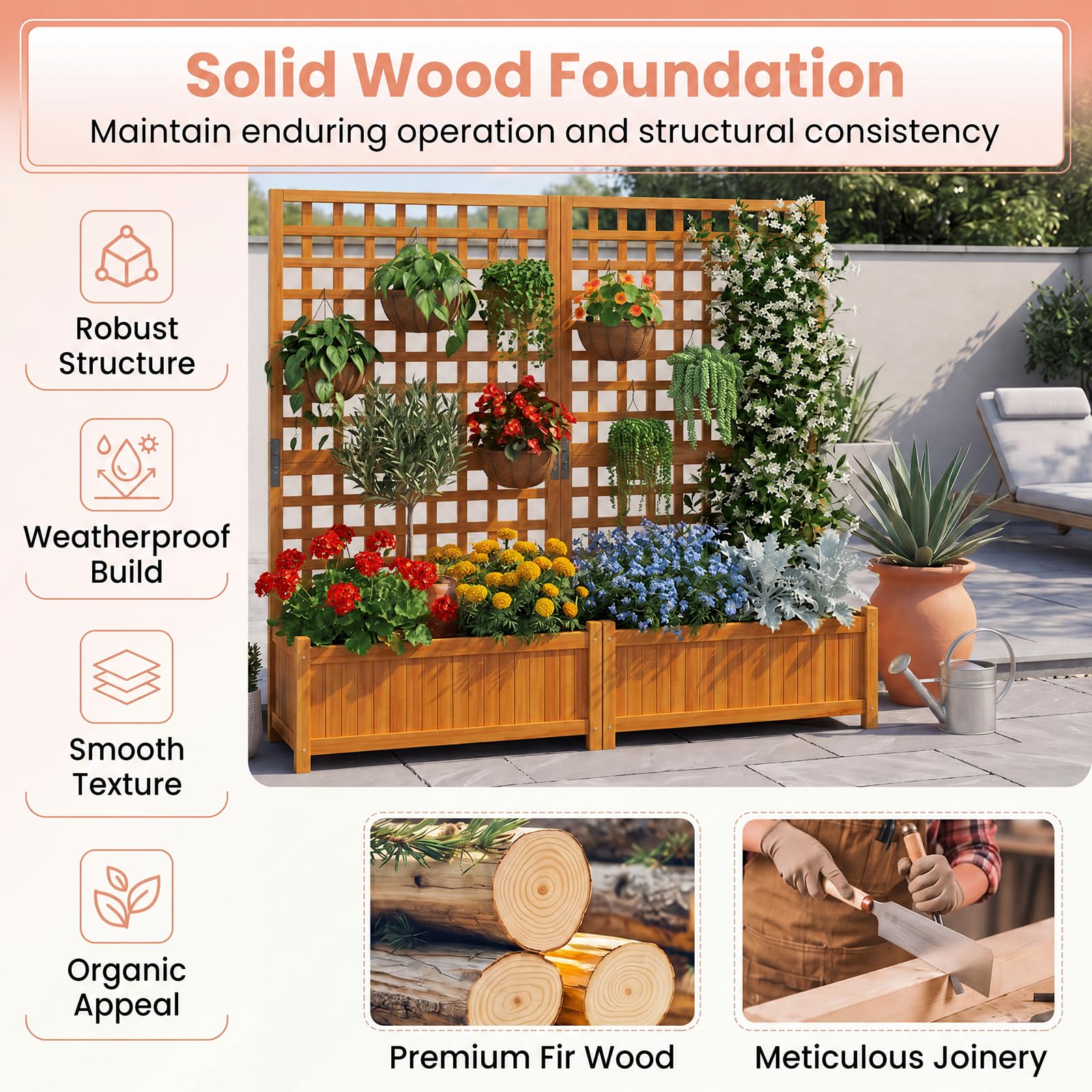 HOMASIS Blumenkasten mit Sichtschutz, Pflanzkübel mit Rankgitter, Pflanzkasten aus Holz, Hochbeet Pflanzgefäß Rankkasten Gartenspalier Rankhilfe für Balkon Garten Terrasse (Orange, 76x32x143cm)