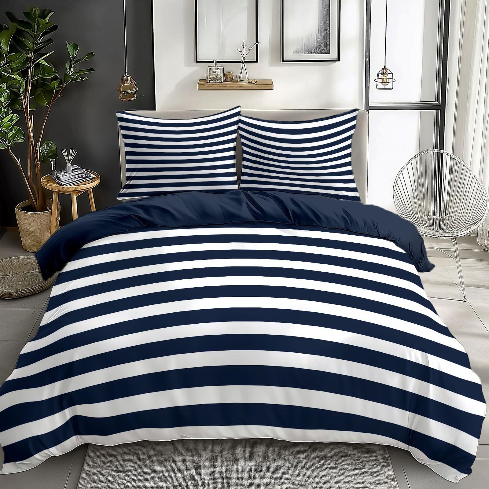 Housse de couette 260x240 cm rayures bleu marine, parure lit 2 personnes microfibre avec fermeture éclair