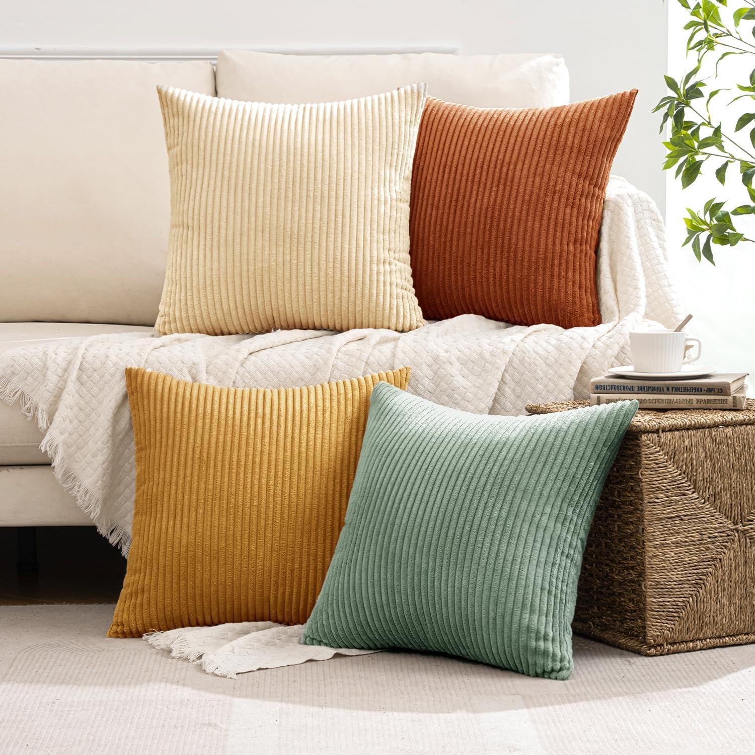 MIULEE Boho Farmhouse Throw Pillow Covers 18x18 Inch Set of 4 Summer Modern Natural Decorative Cushion Covers Soft Corduroy Spring Decor for Couch Bed Sofa Living Room Orange Teal Gradient Series - Image 5