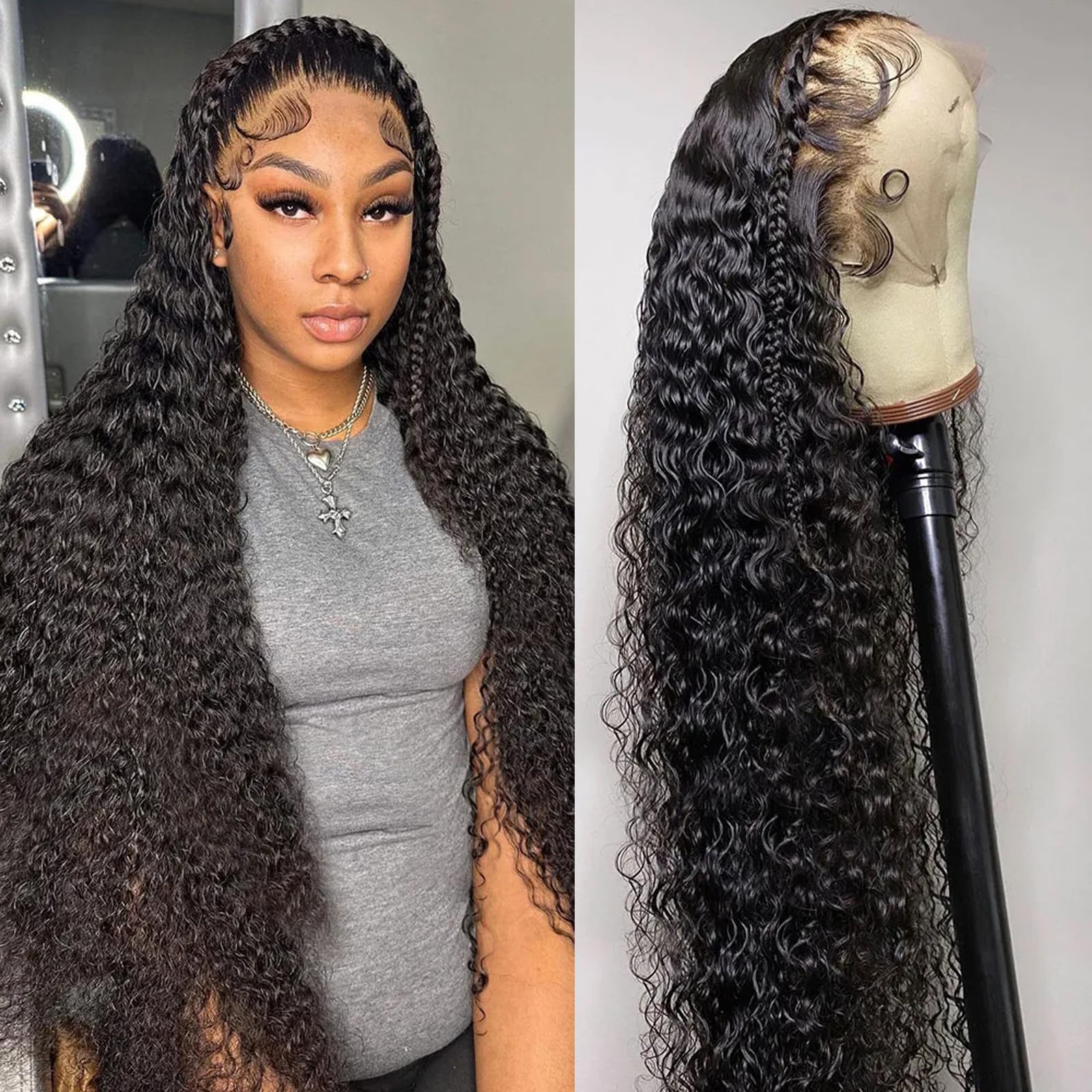 QKOQKO 13x6 Water Wave Lace Front Wigs Human Hair Wigs 10A 250 Density HD Transparent Wet and Wavy Lace Front Wigs Human Hair Glueless Deep Curly Lace