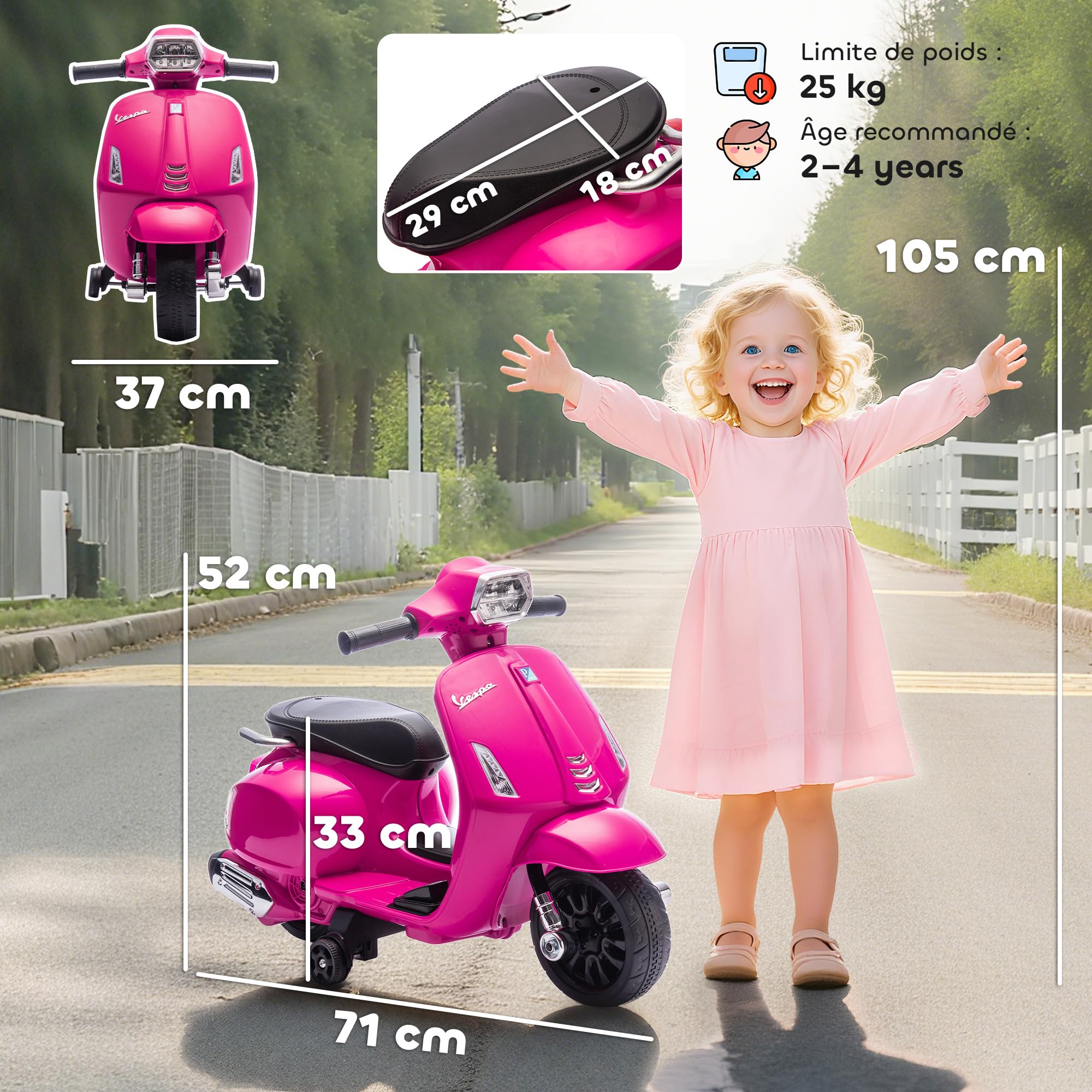 AIYAPLAY Moto Électrique Enfants 6 V 2,5 km/h Phare pour 2-4 Ans Rose | Voiture Électrique, Roues d'Apprentissage de 17,5 cm, Klaxon